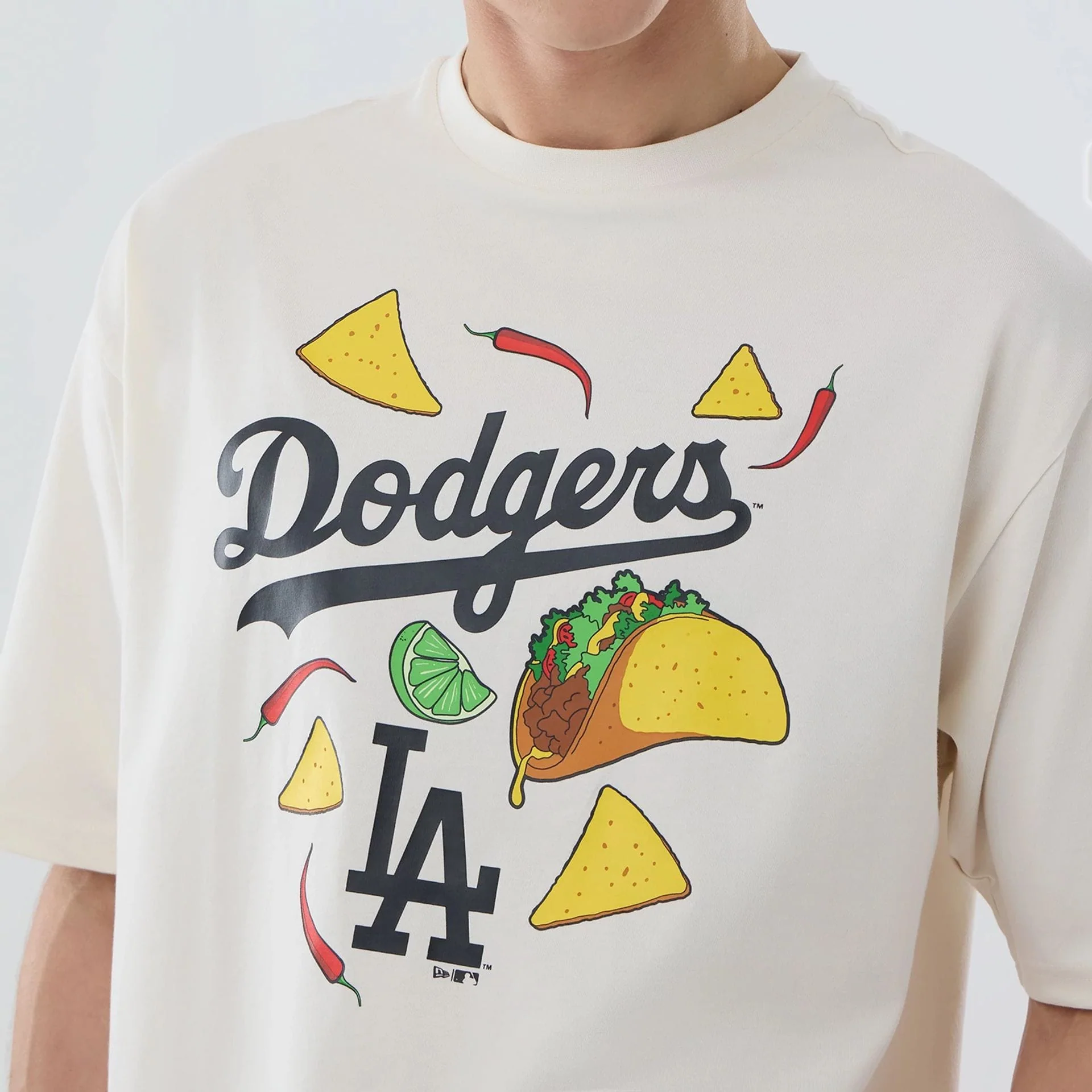 LA Dodgers MLB Food Graphic Open White Oversized T-Shirt - Image 3