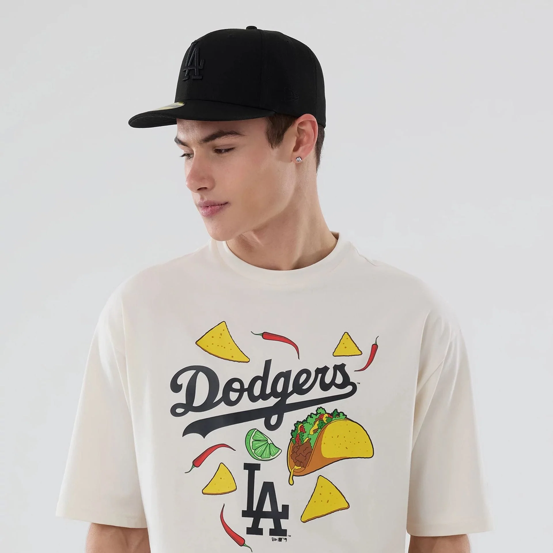 LA Dodgers MLB Food Graphic Open White Oversized T-Shirt - Image 6