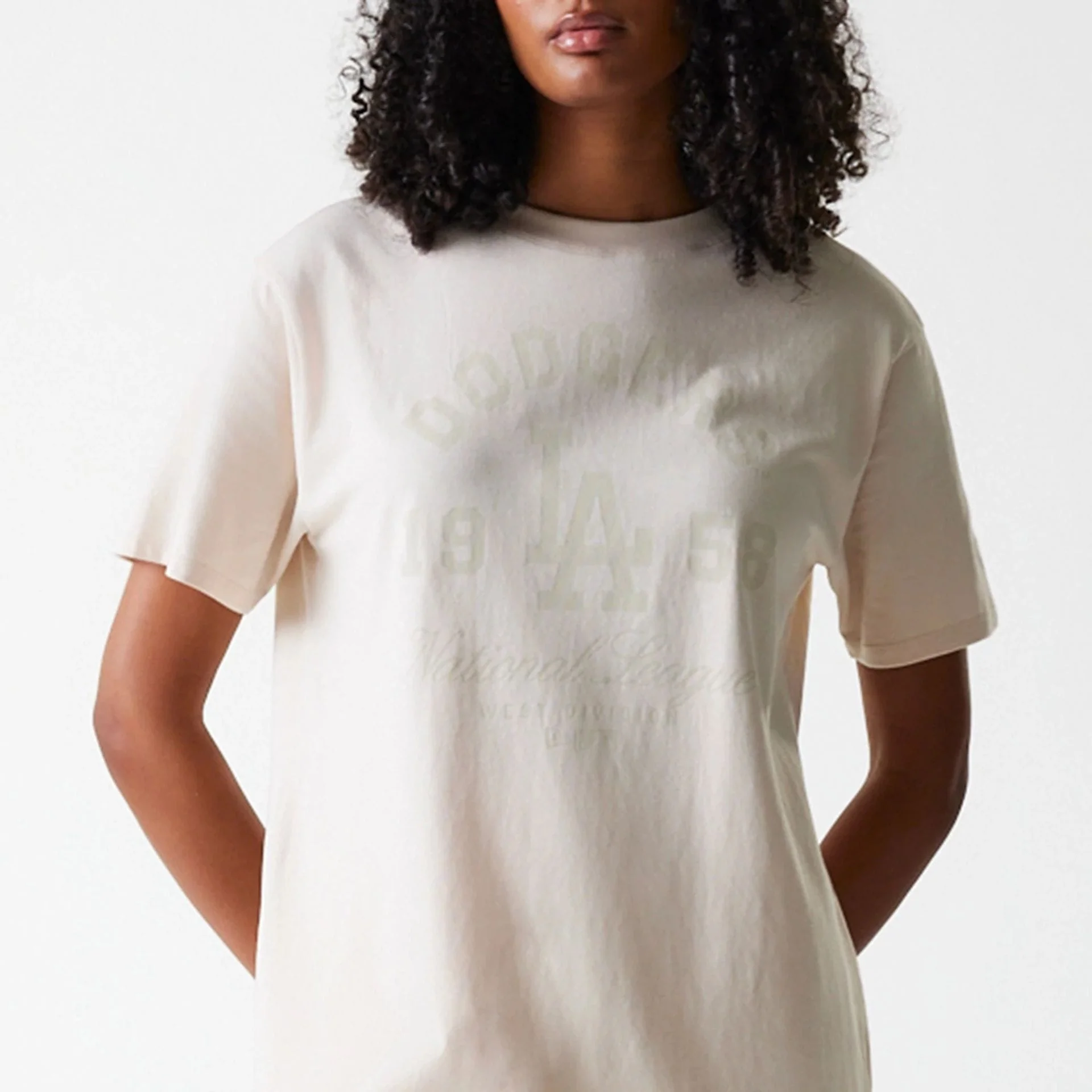 LA Dodgers Womens MLB Tonal Graphic Light Beige Oversized T-Shirt - Image 3