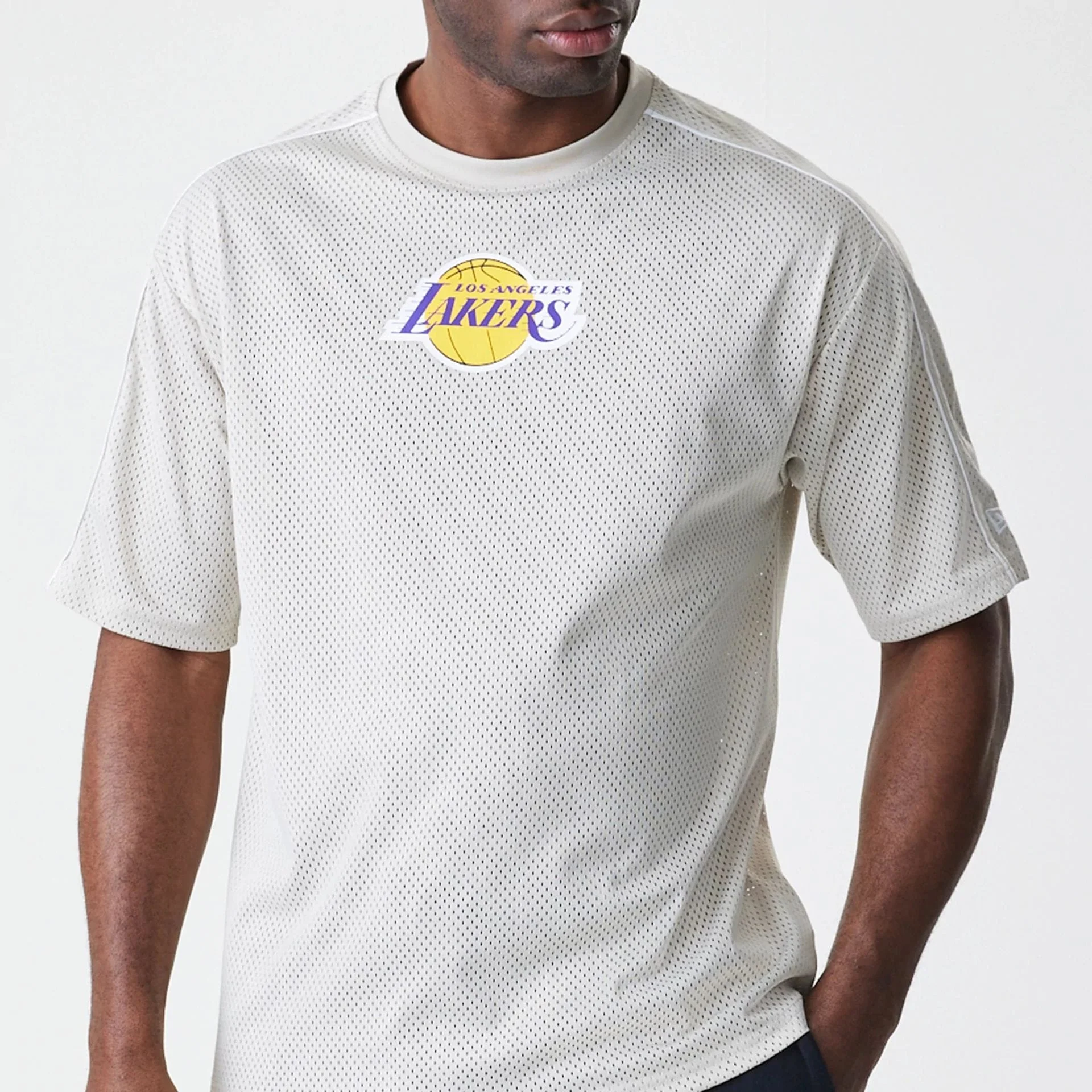 LA Lakers NBA Piping Light Beige Oversized Mesh T-Shirt - Image 3