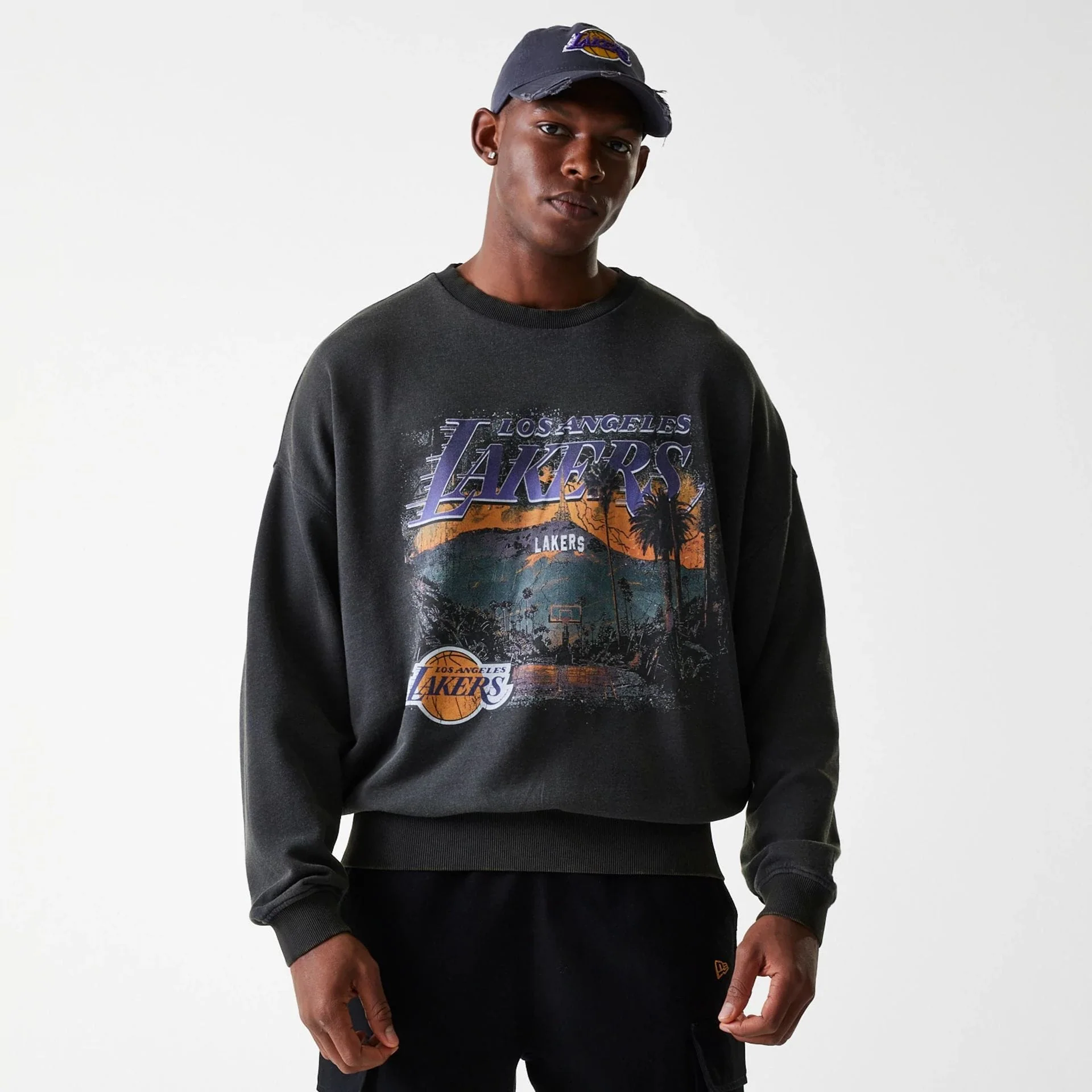 LA Lakers NBA Washed Graphic Grey Oversized Crew Neck Sweater - Image 3