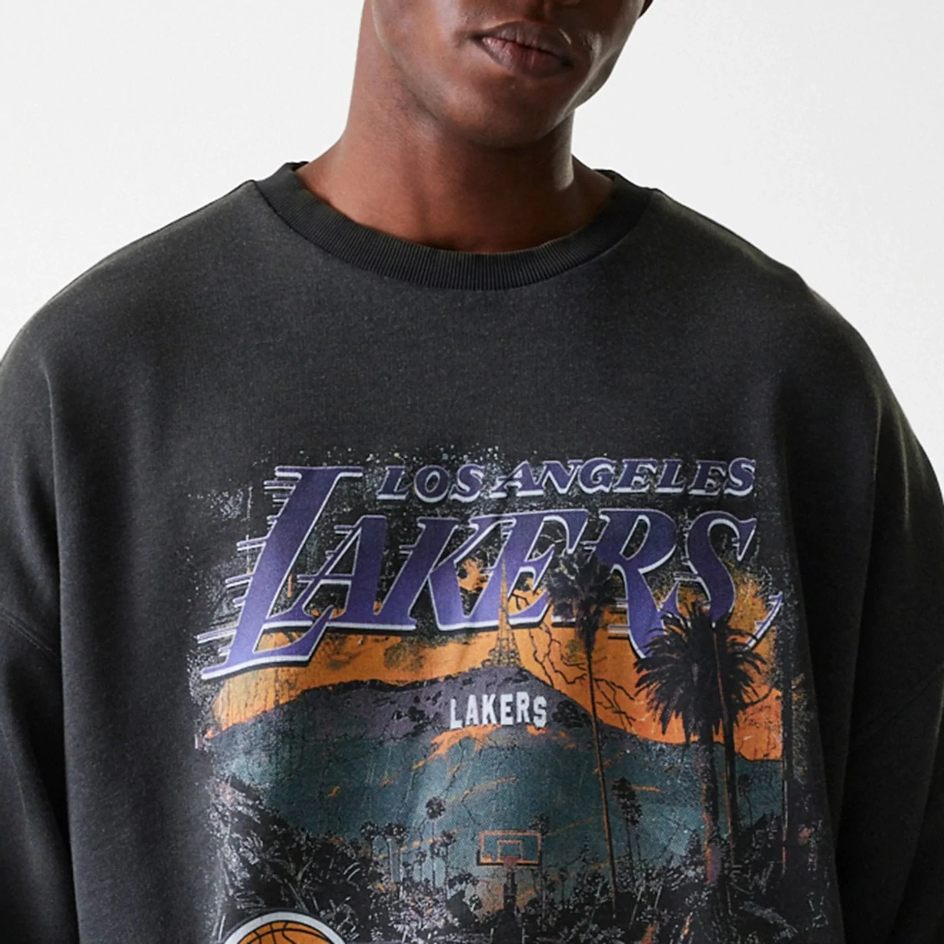 LA Lakers NBA Washed Graphic Grey Oversized Crew Neck Sweater - Image 5