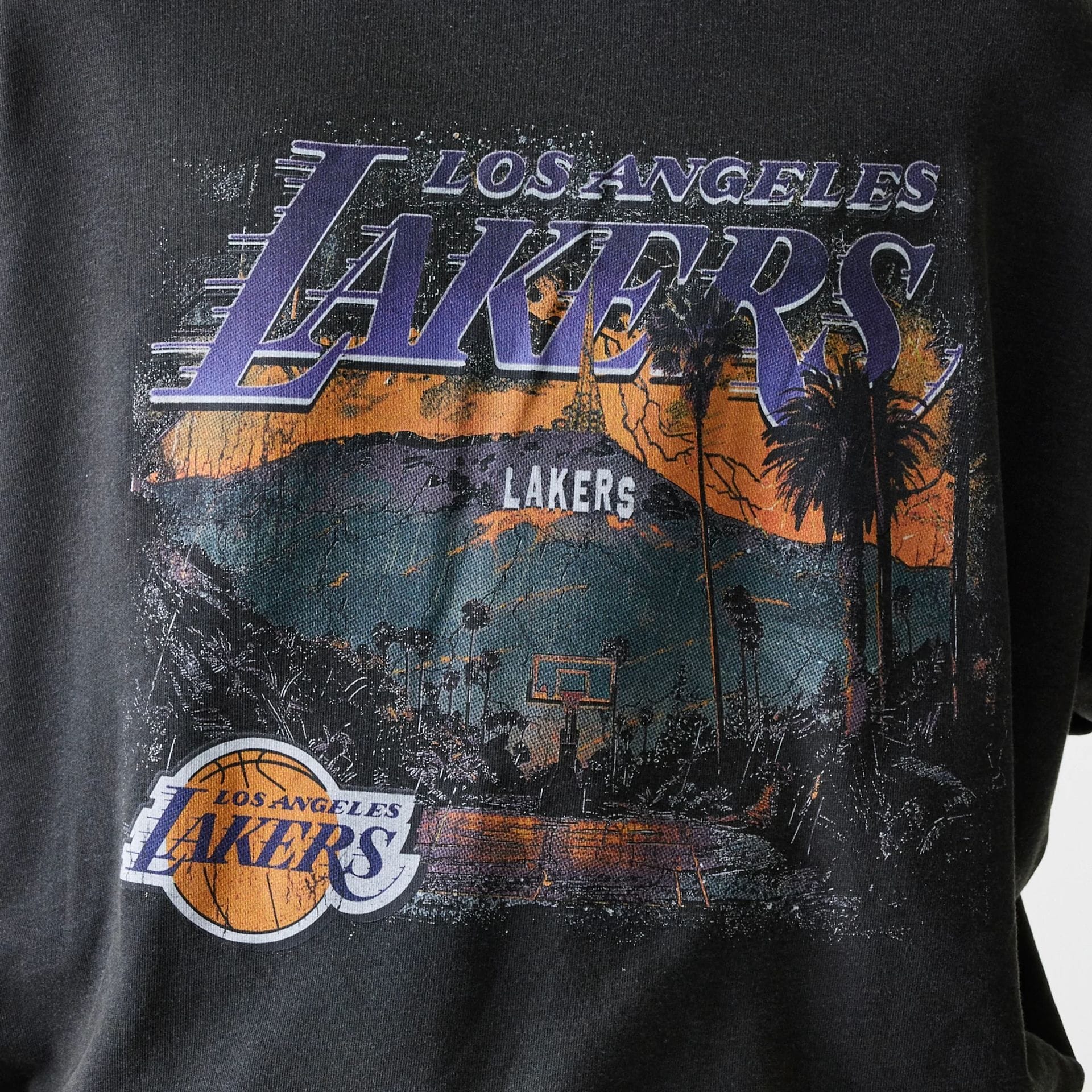 LA Lakers NBA Washed Graphic Grey Oversized Crew Neck Sweater - Image 6