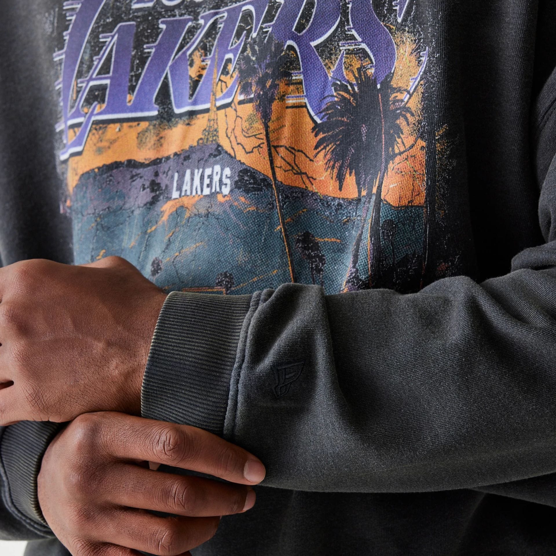 LA Lakers NBA Washed Graphic Grey Oversized Crew Neck Sweater - Image 7