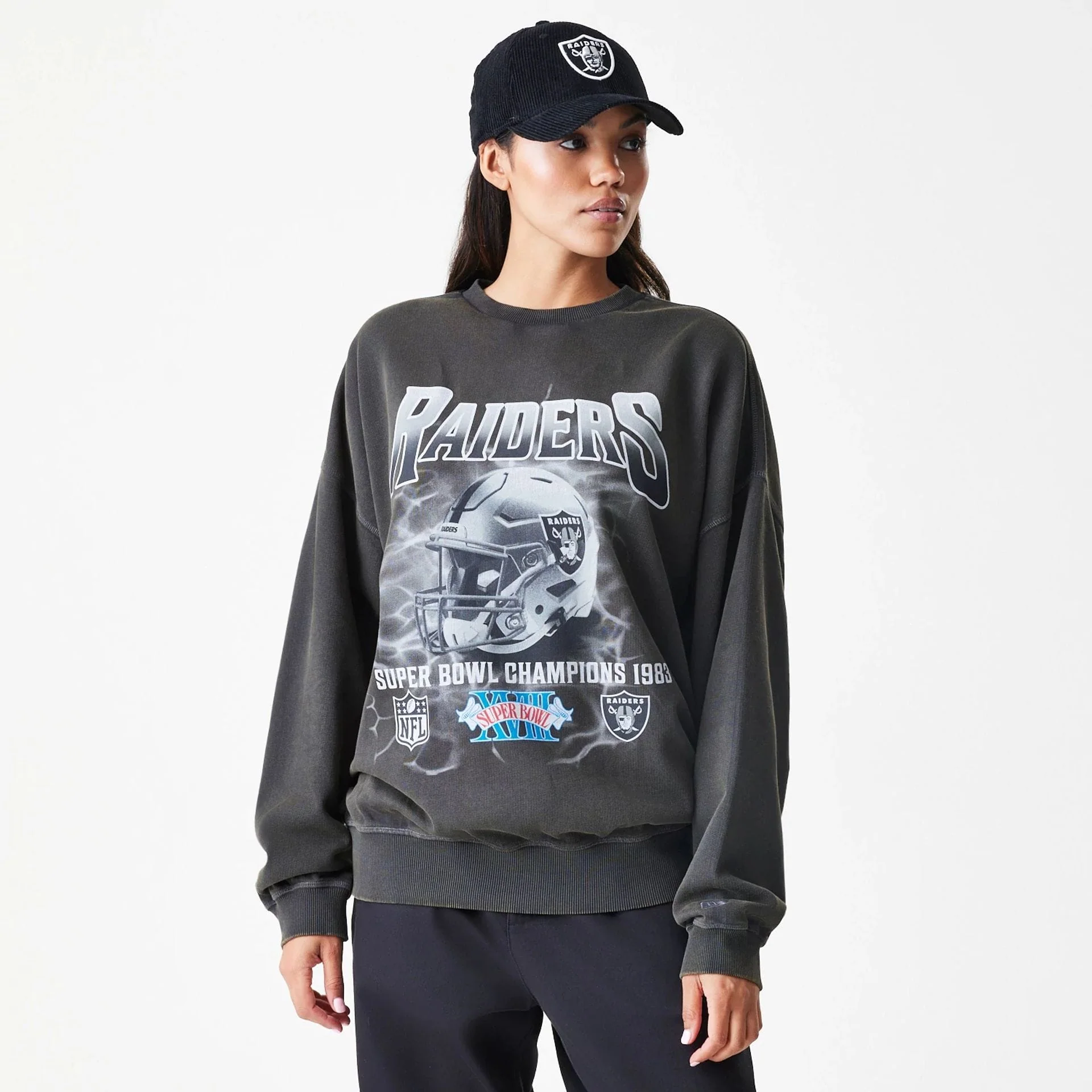 Las Vegas Raiders NFL Washed Boxy Dark Grey Oversized Crew Neck Sweater - Image 4