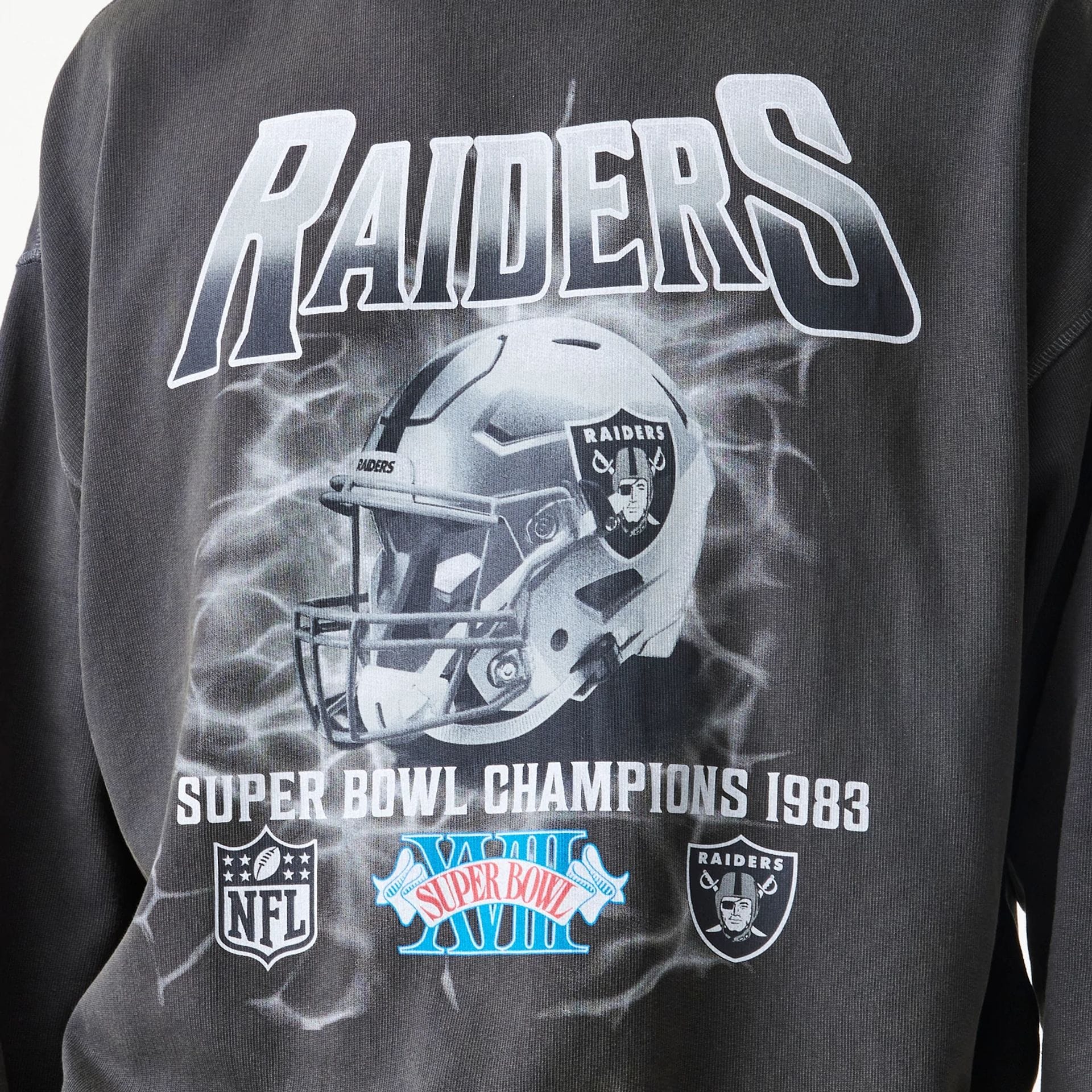 Las Vegas Raiders NFL Washed Boxy Dark Grey Oversized Crew Neck Sweater - Image 5