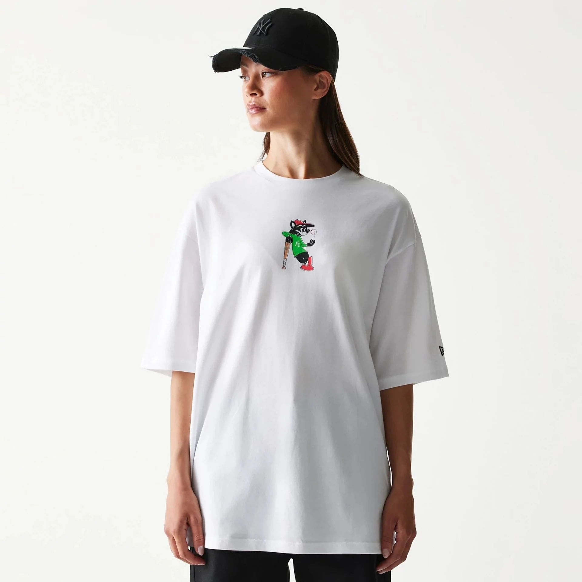 New Era Baseball Cat Character Graphic White Oversized T-Shirt - Image 4