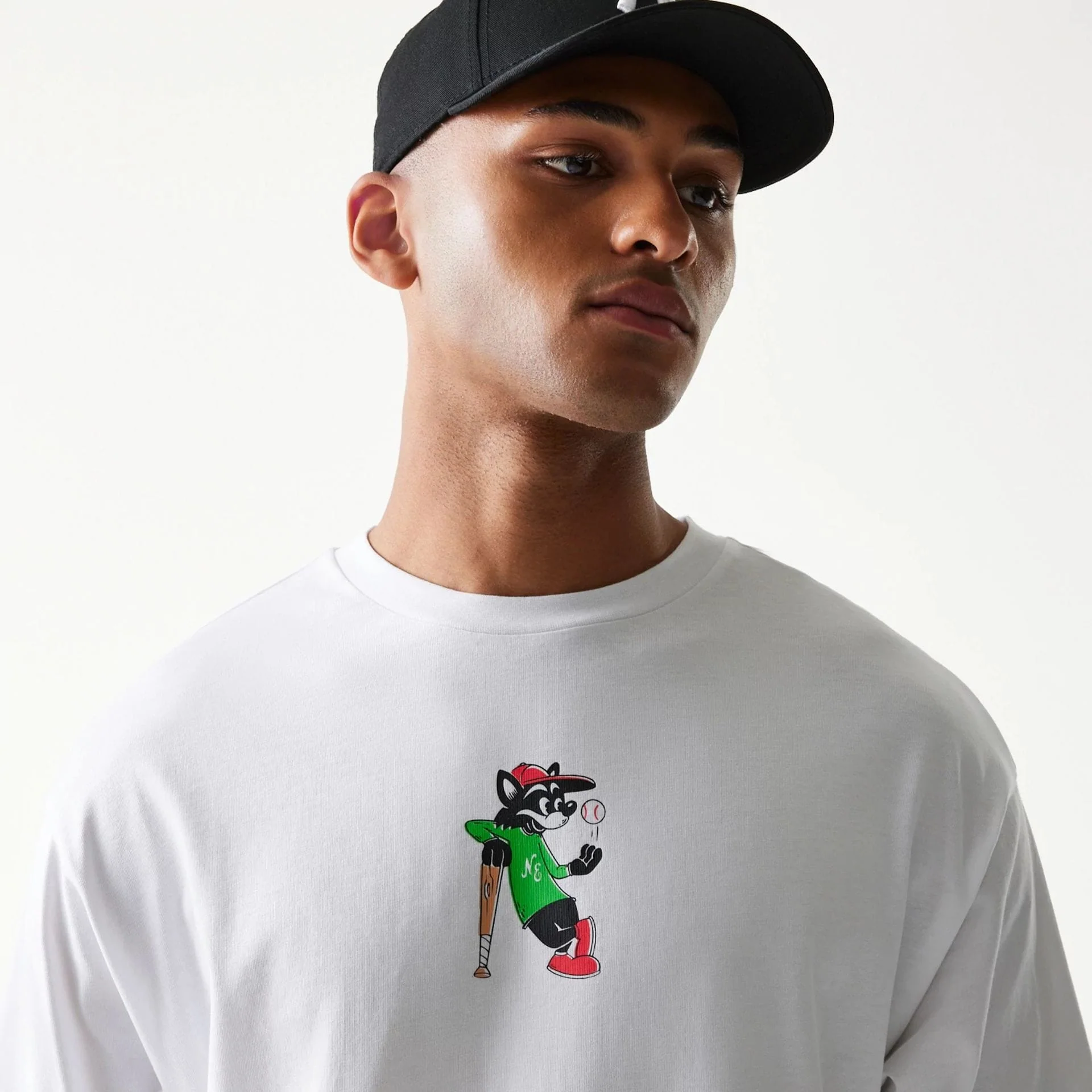 New Era Baseball Cat Character Graphic White Oversized T-Shirt - Image 6