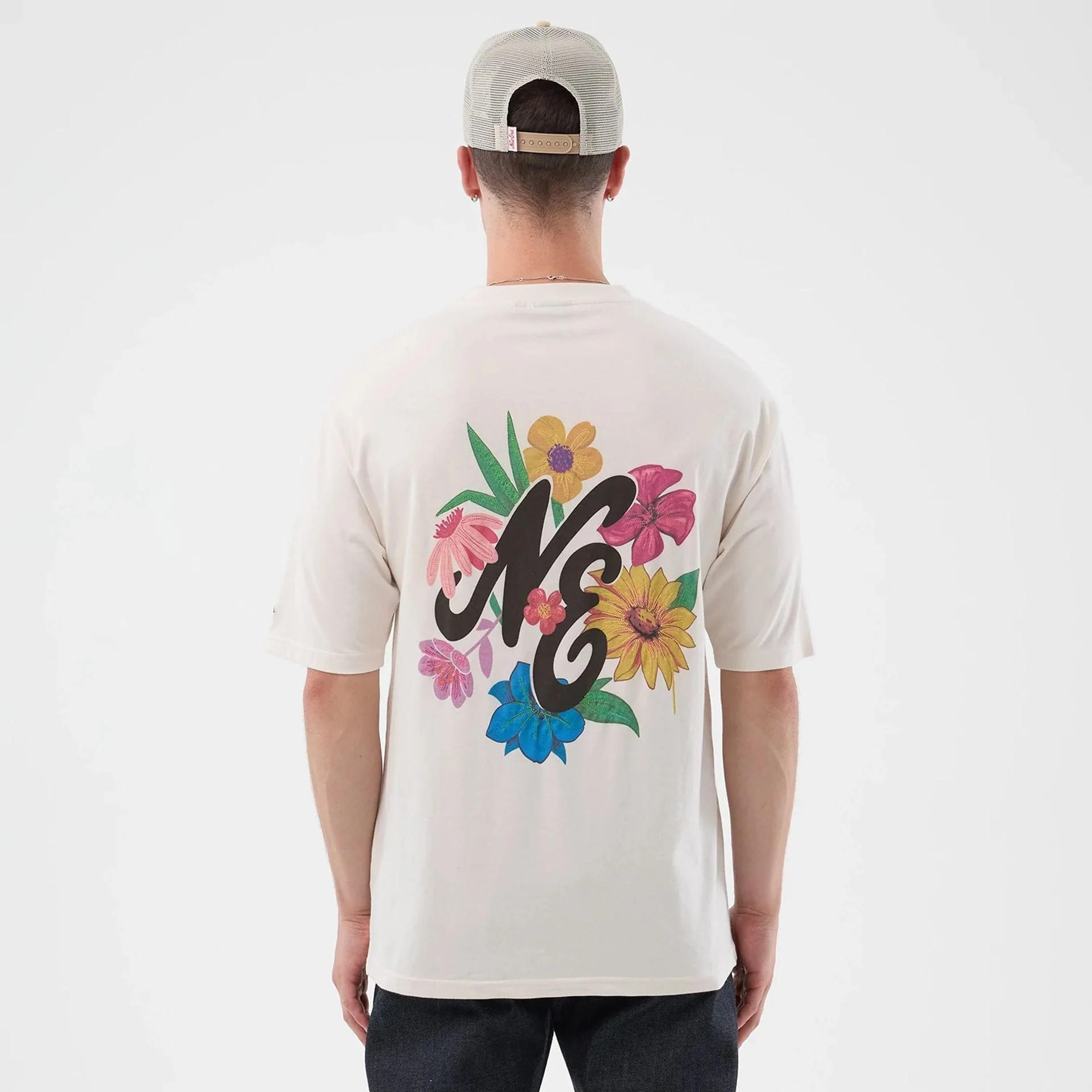 New Era Floral Graphic Open White Oversized T-Shirt - Image 2