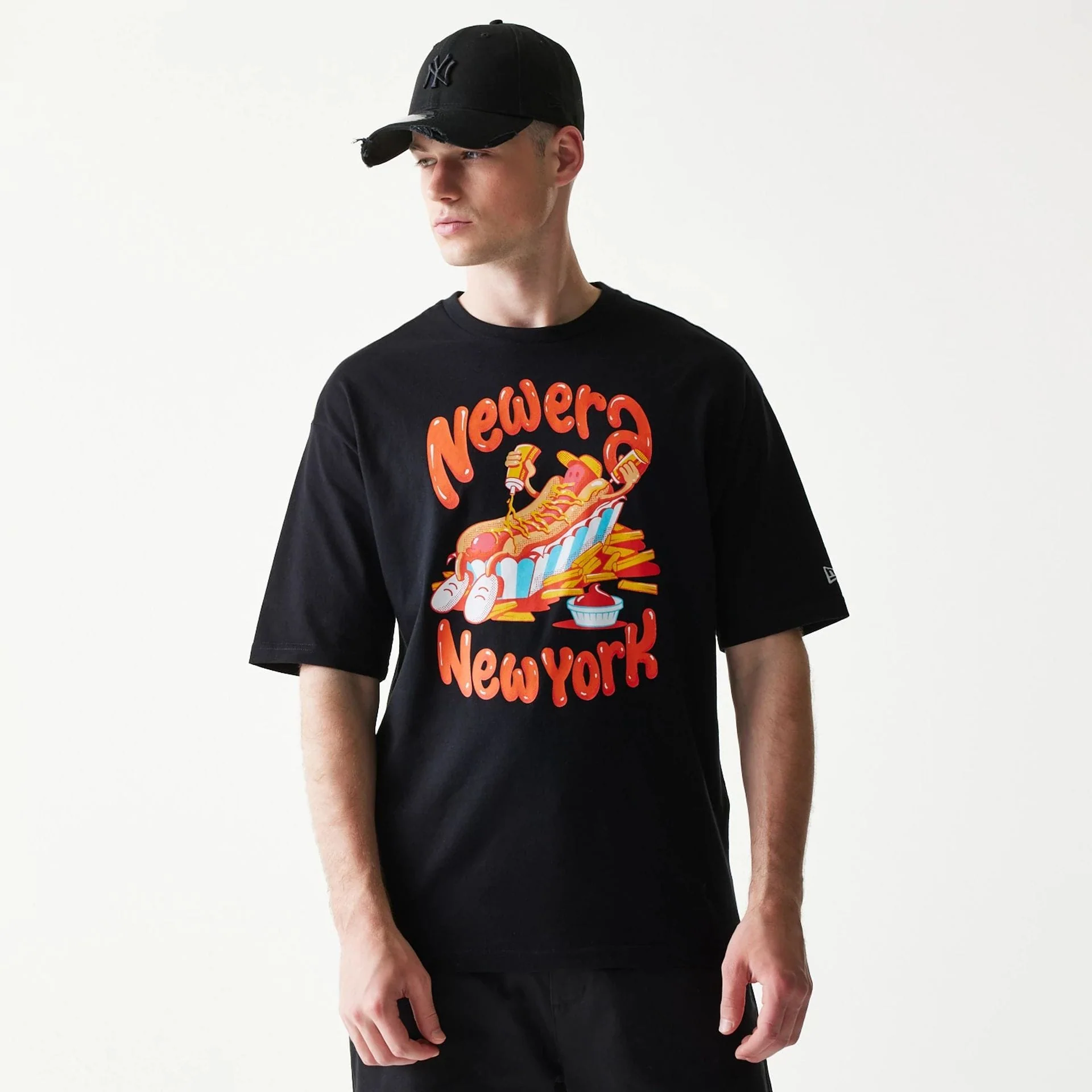 New Era Hotdog Food Graphic Black Oversized T-Shirt - Image 3