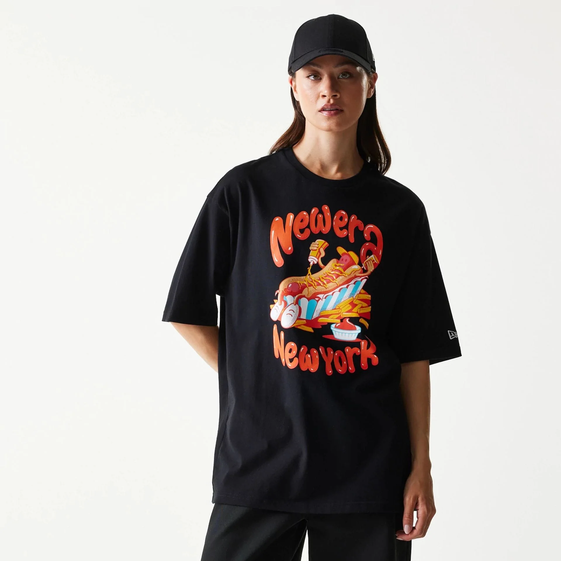 New Era Hotdog Food Graphic Black Oversized T-Shirt - Image 4