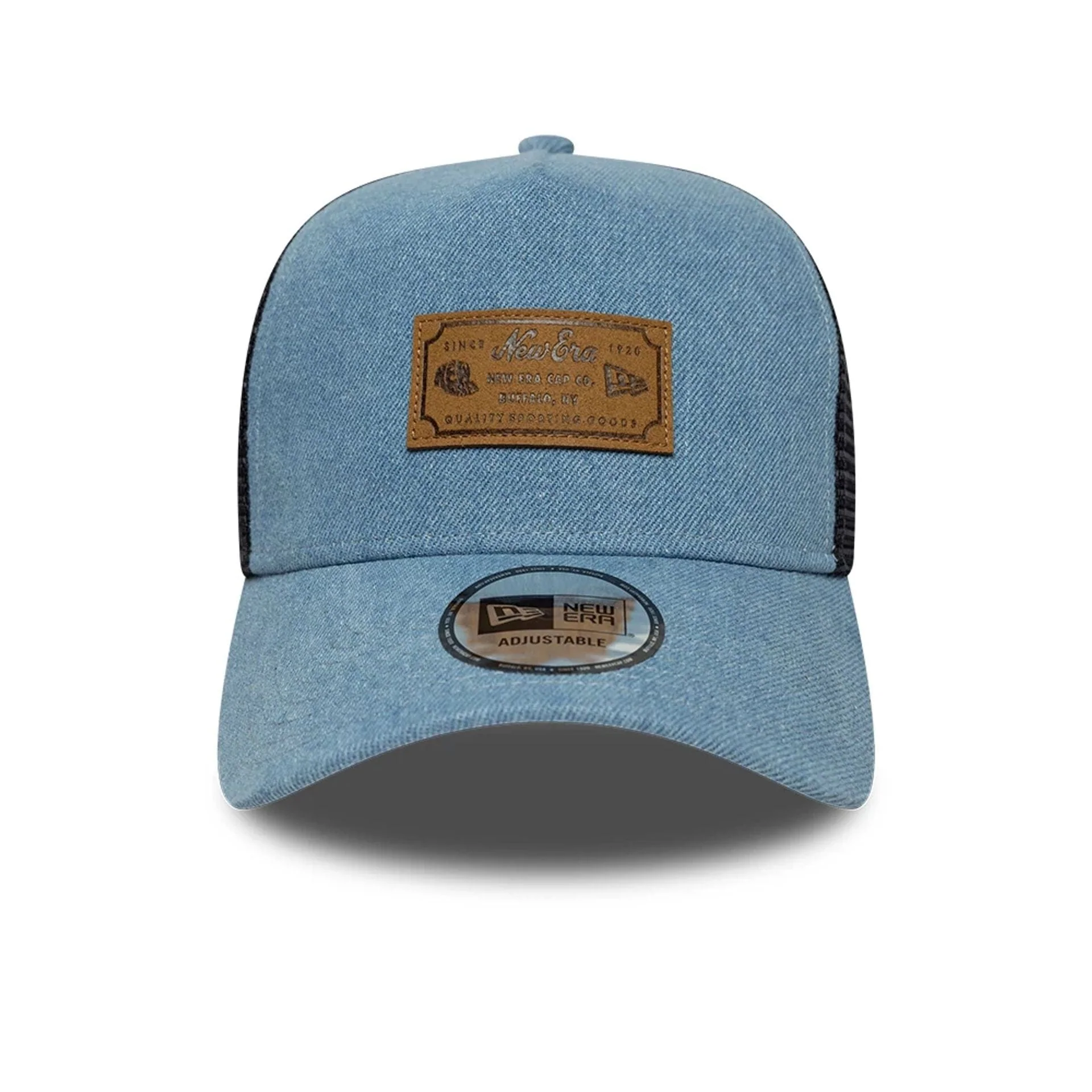 New Era Leather Patch Denim Navy 9FORTY A-Frame Trucker Adjustable Cap - Image 2