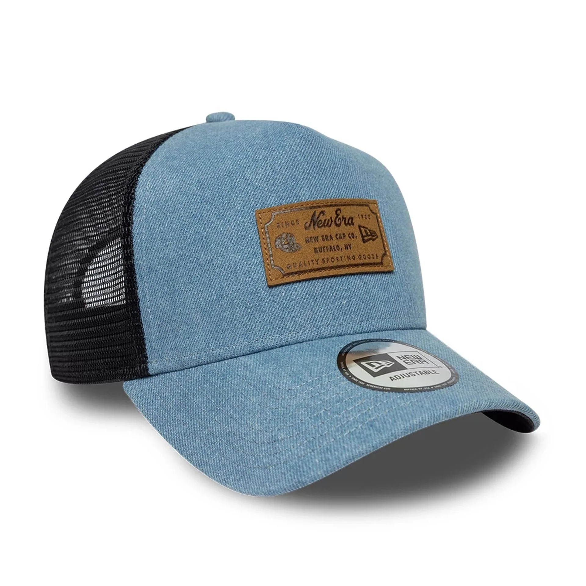 New Era Leather Patch Denim Navy 9FORTY A-Frame Trucker Adjustable Cap - Image 3