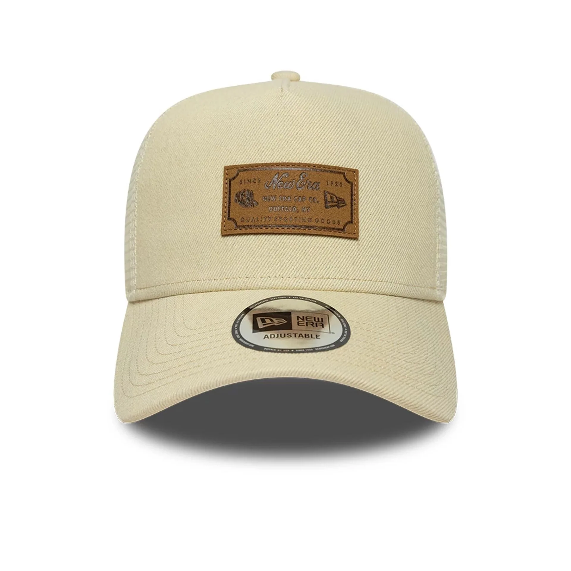 New Era Leather Patch Light Beige 9FORTY A-Frame Trucker Adjustable Cap - Image 2