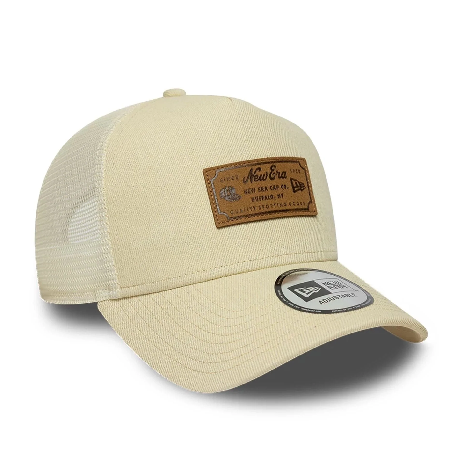 New Era Leather Patch Light Beige 9FORTY A-Frame Trucker Adjustable Cap - Image 3