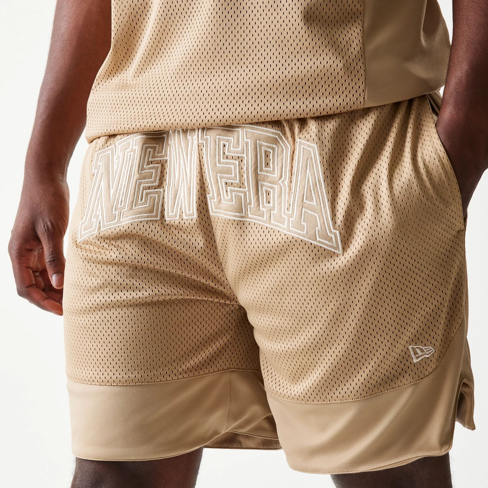New Era Mesh Graphic Light Beige Oversized Shorts - Image 4
