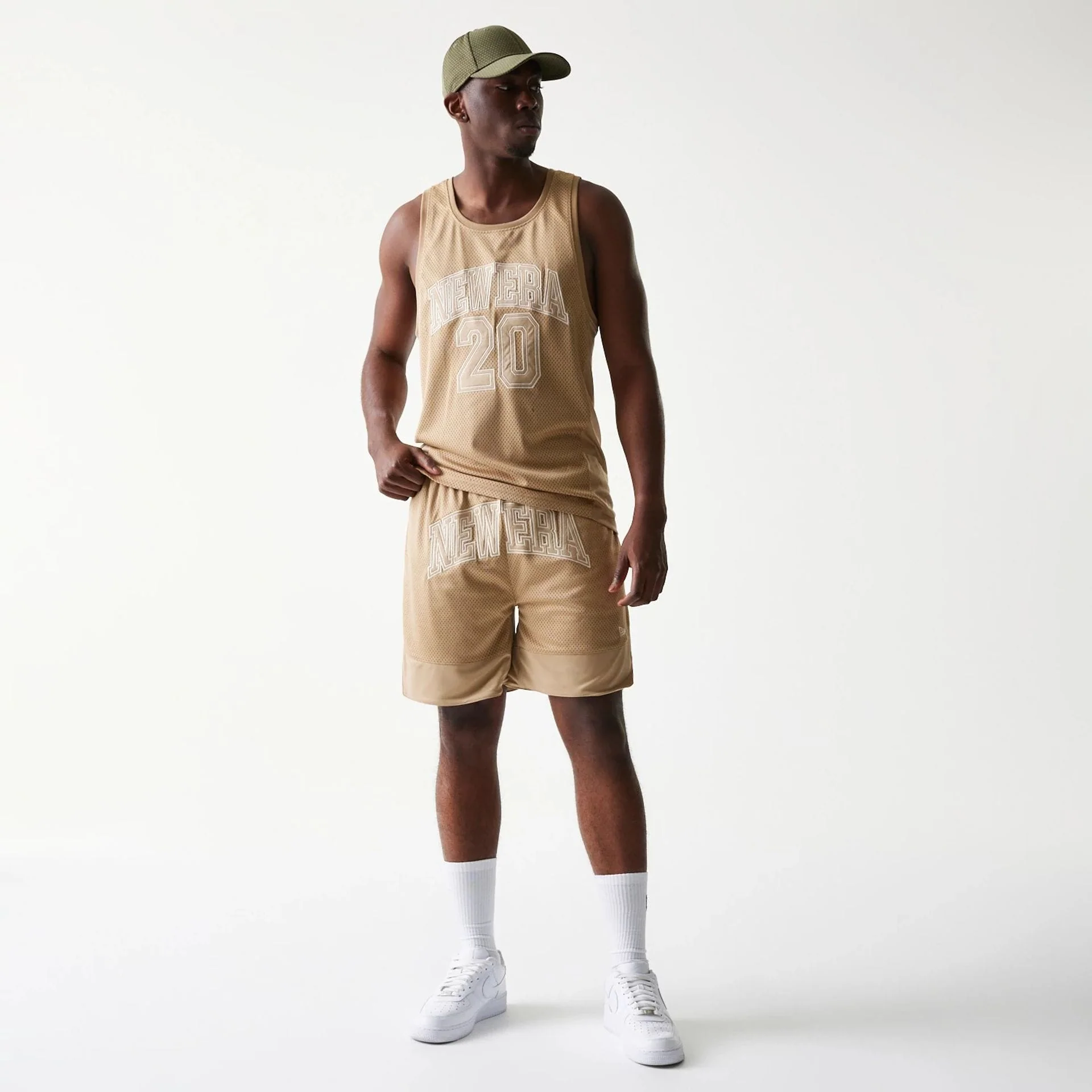 New Era Mesh Graphic Light Beige Oversized Shorts - Image 8