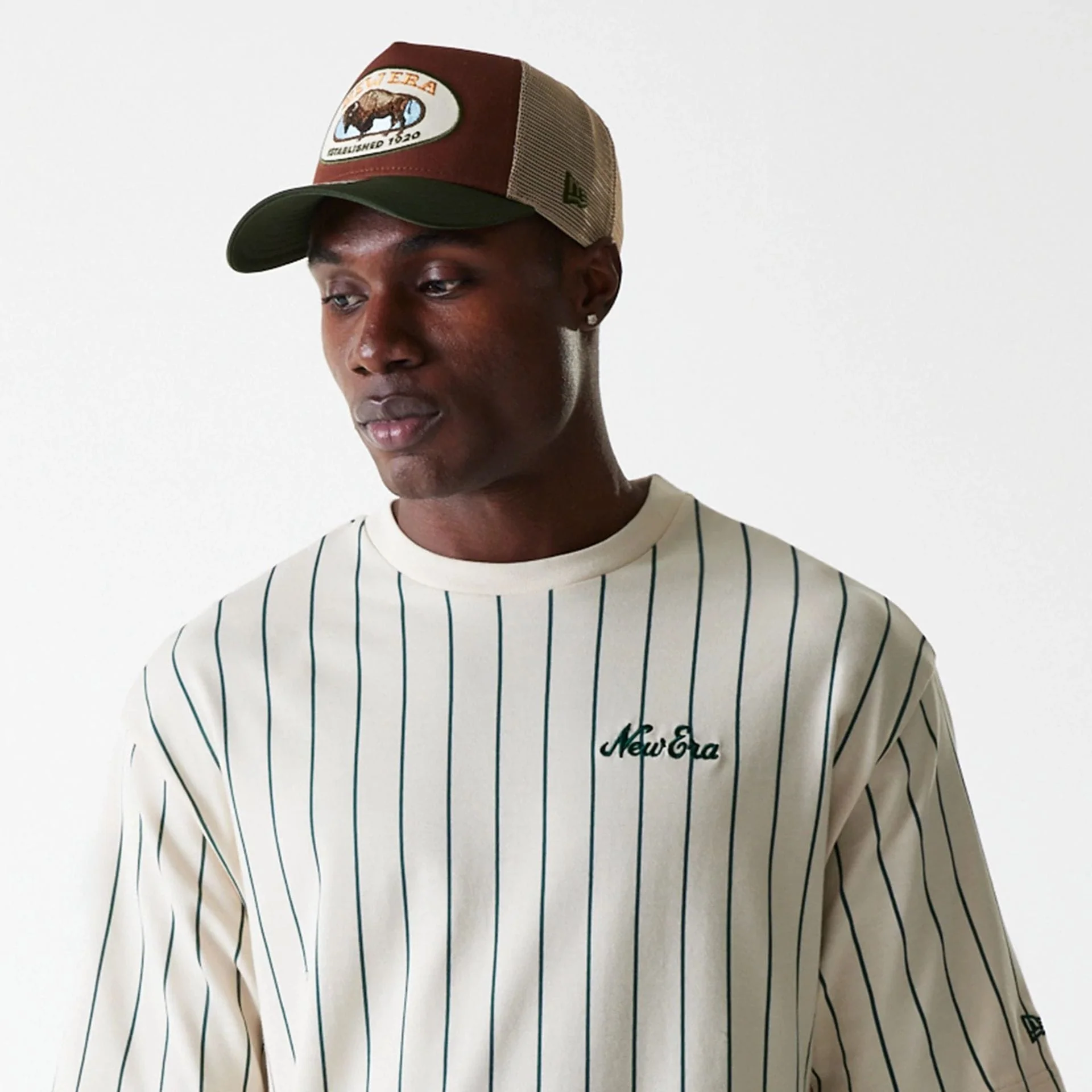 New Era Pinstripe Light Beige Oversized T-Shirt - Image 5