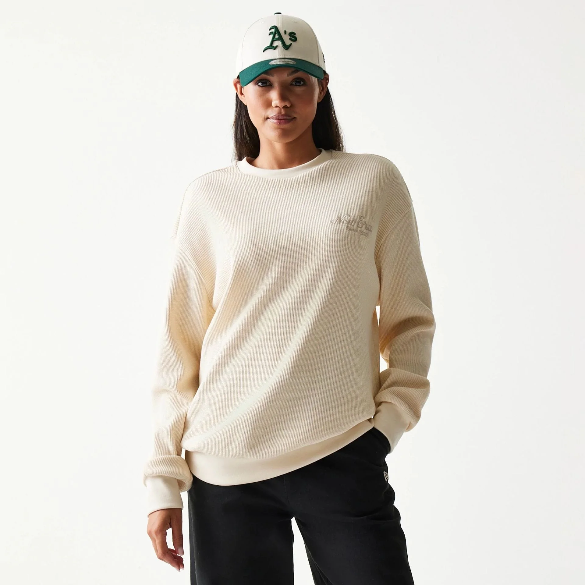 New Era Script Waffle Light Beige Crew Neck Sweater - Image 4