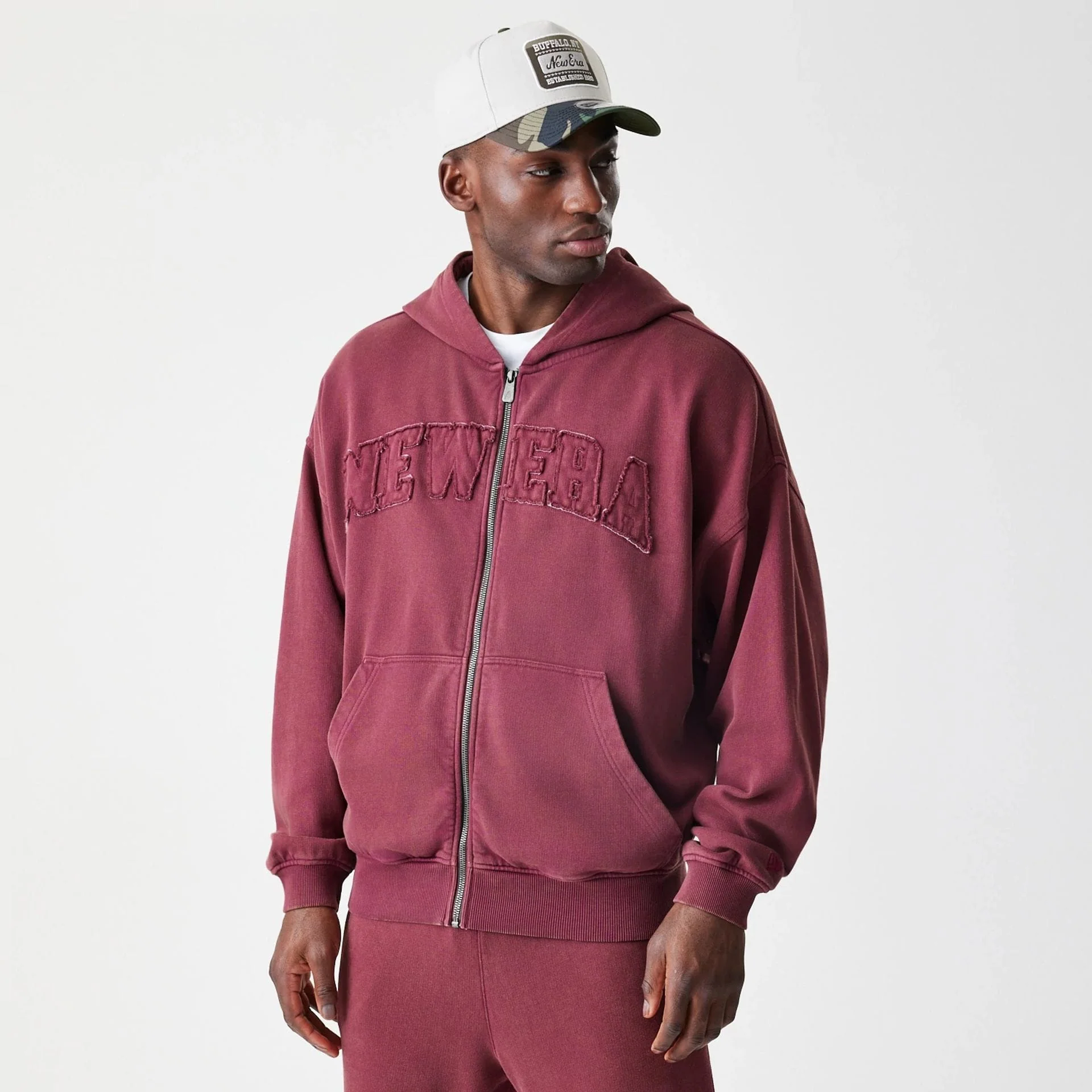 New Era Washed Dark Red Oversized Full Zip Hoodie - Image 3