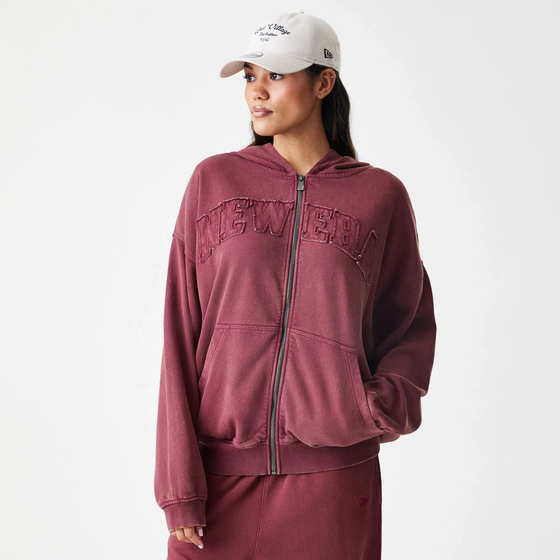 New Era Washed Dark Red Oversized Full Zip Hoodie - Image 4