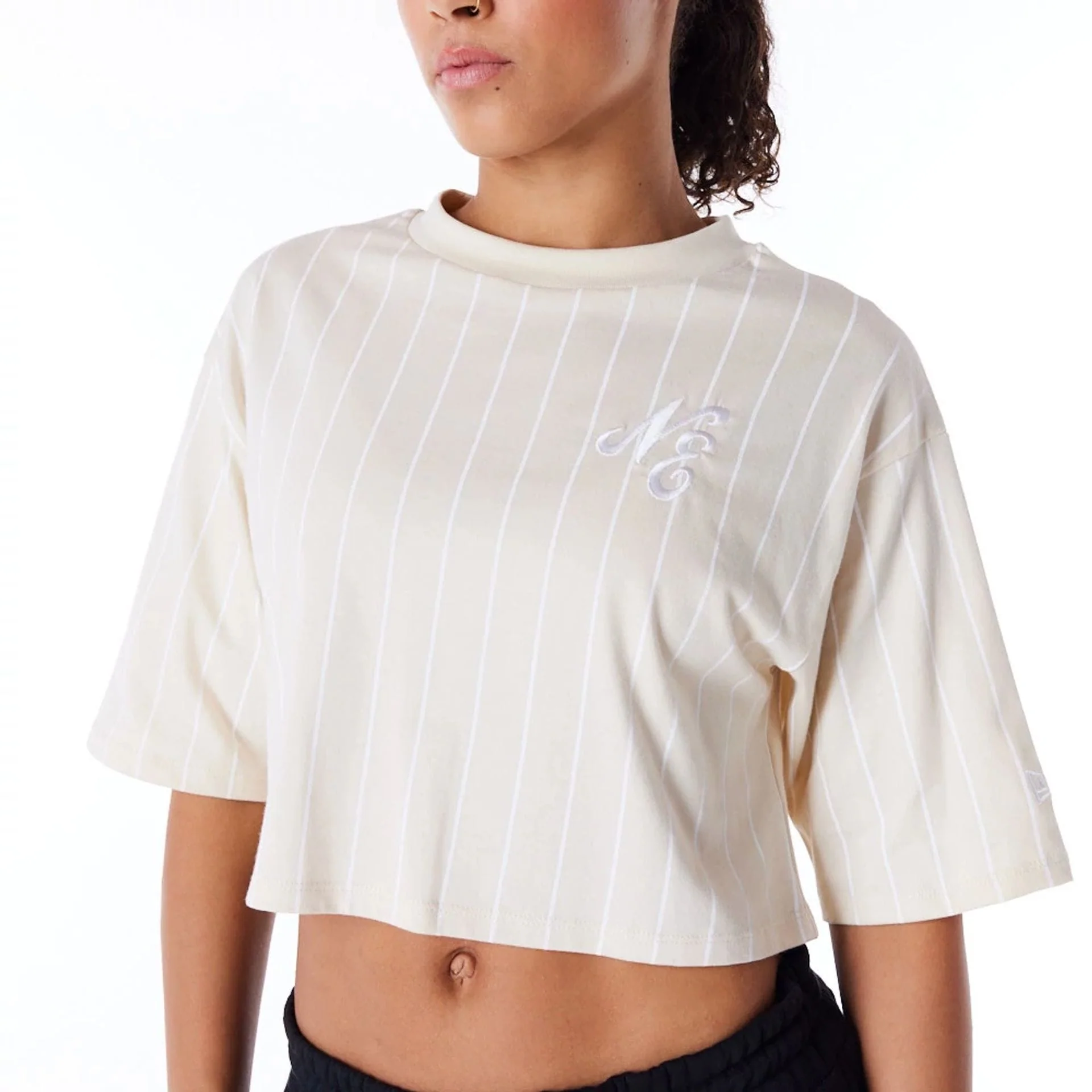 New Era Womens Pinstripe Light Beige Crop T-Shirt - Image 2