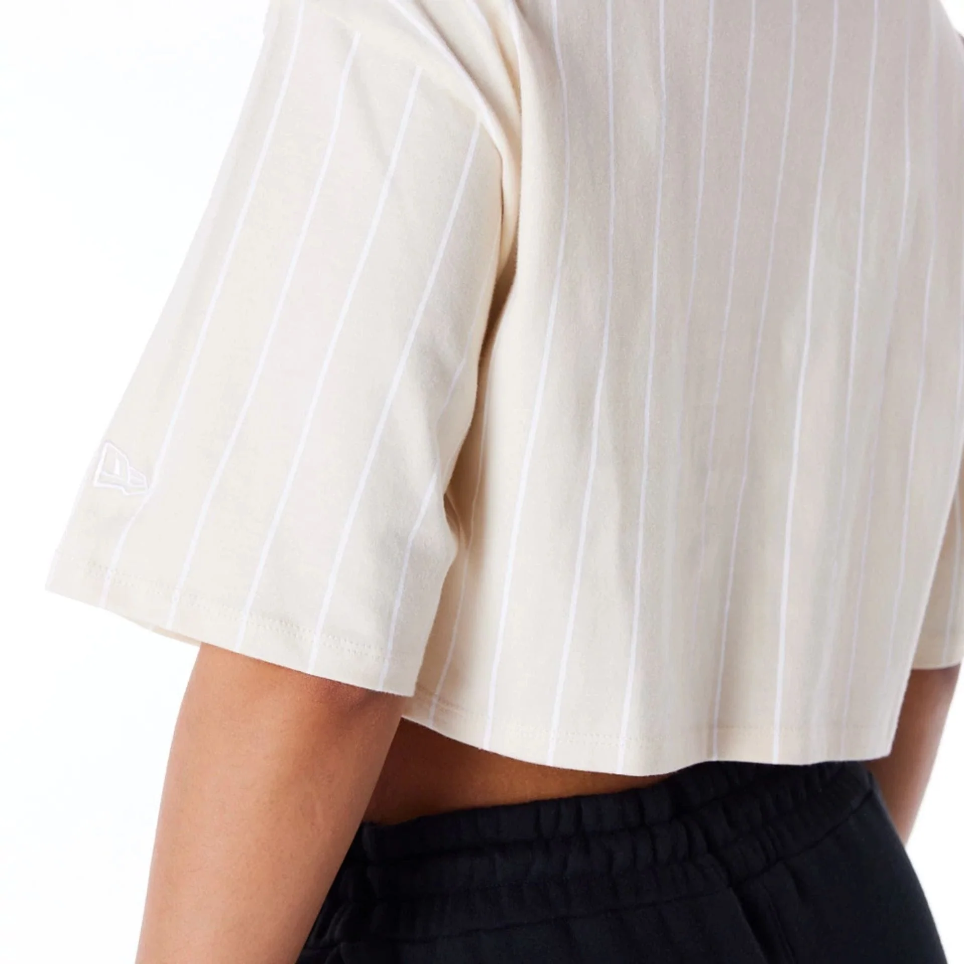 New Era Womens Pinstripe Light Beige Crop T-Shirt - Image 3