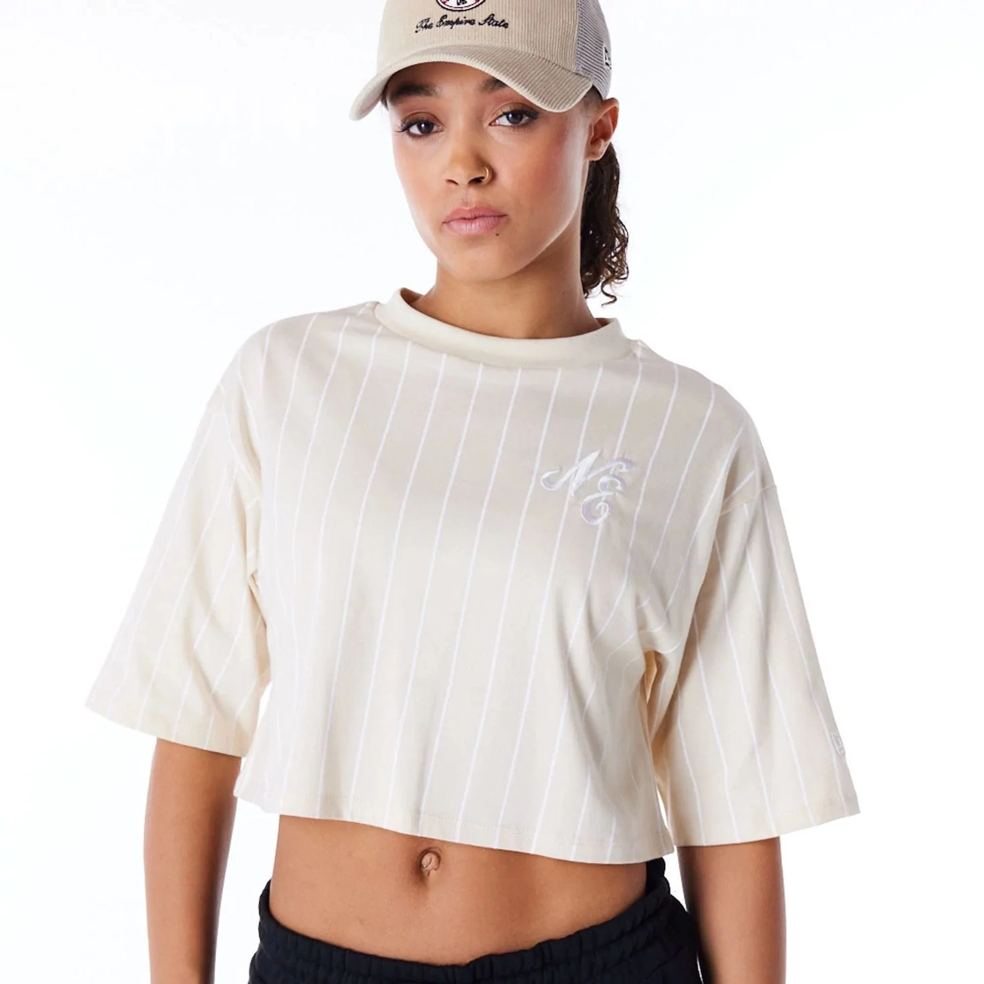 New Era Womens Pinstripe Light Beige Crop T-Shirt - Image 5