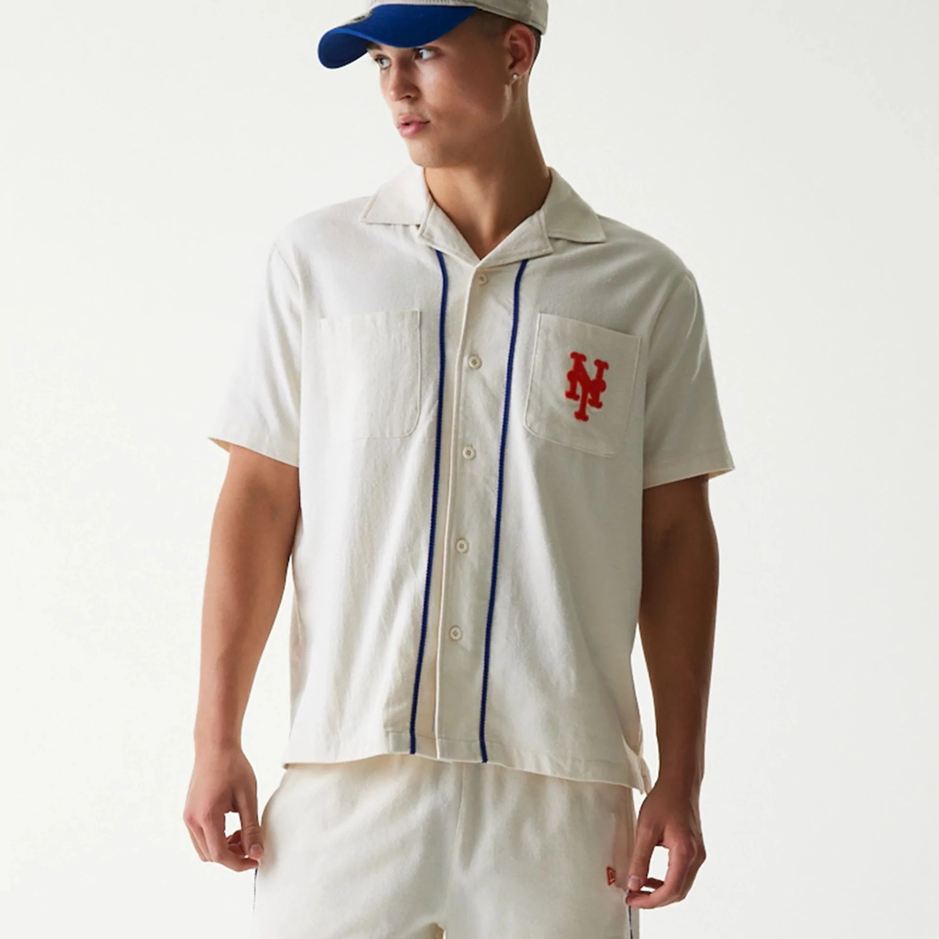 New York Mets MLB Piping Open Cream Short Sleeve Shirt - Image 3