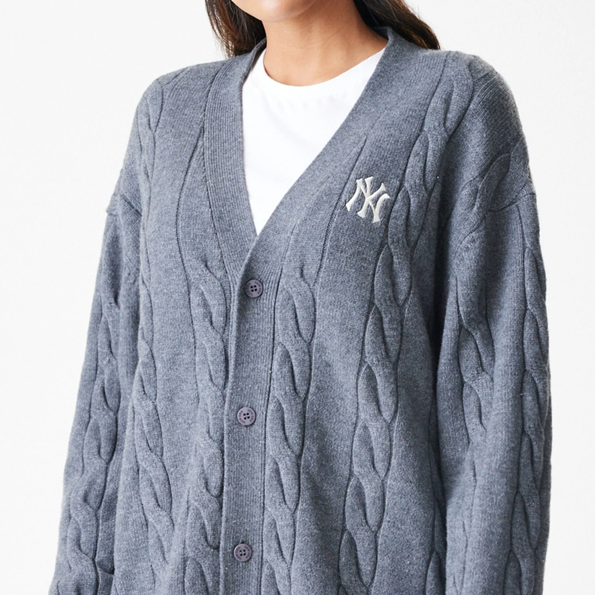 New York Yankees MLB Cable Knit Dark Grey Cardigan - Image 6