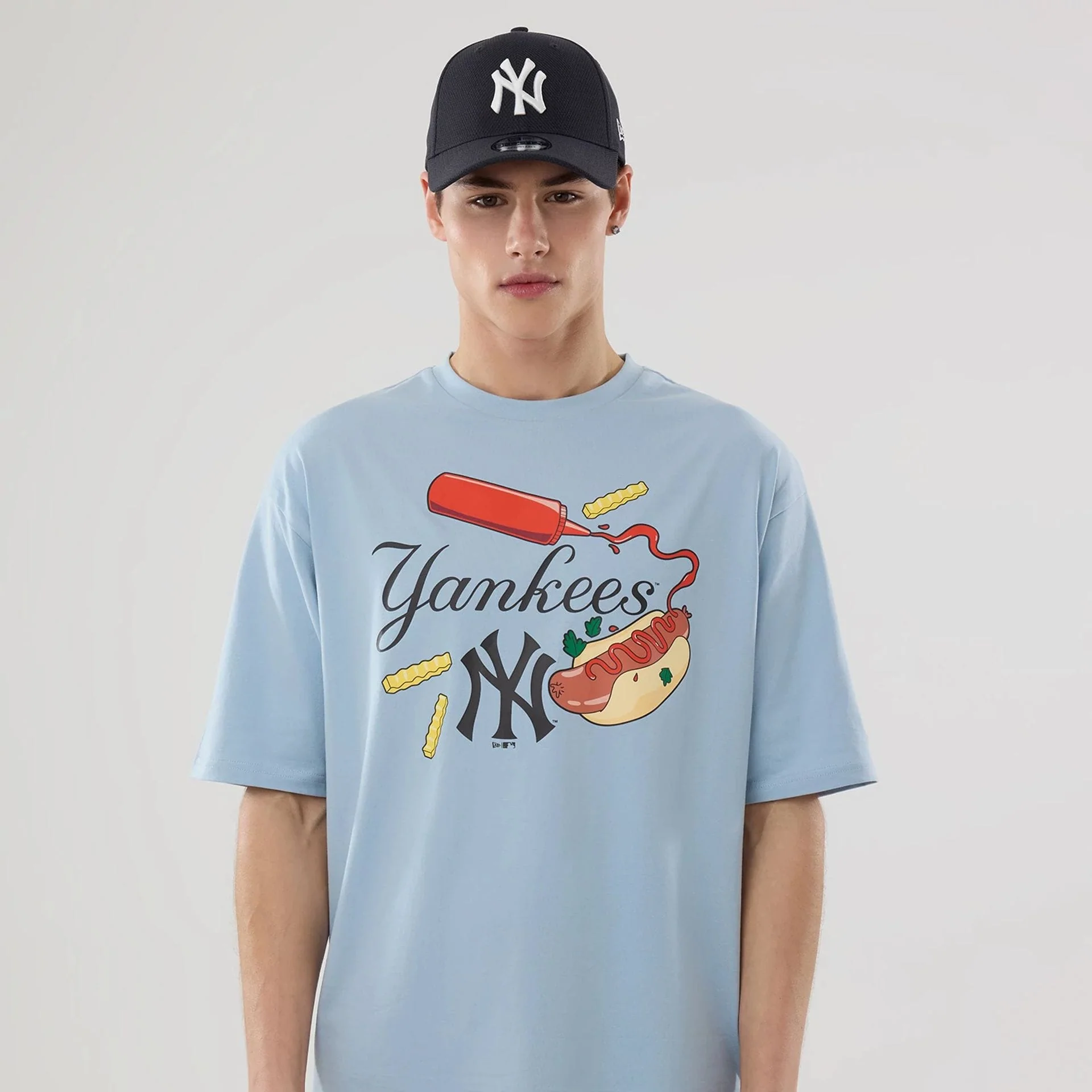New York Yankees MLB Food Graphic Pastel Blue Oversized T-Shirt - Image 4
