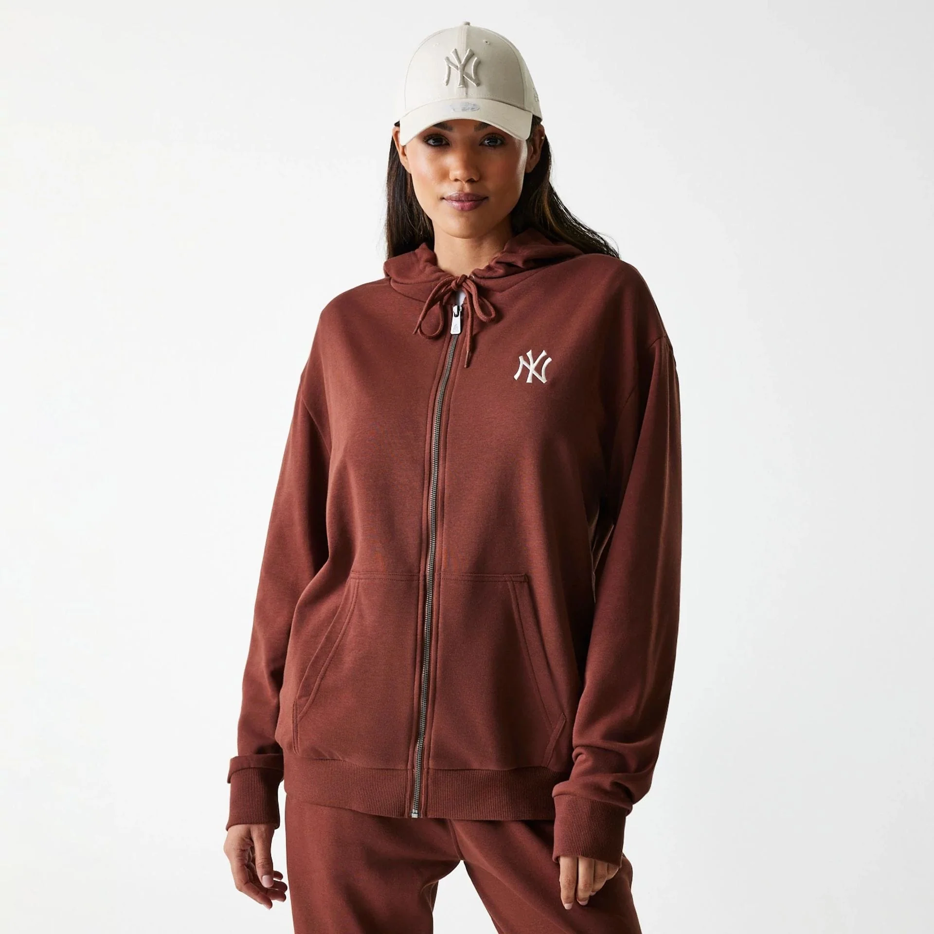 New York Yankees MLB Midi League Essential Brown Oversized Full Zip Hoodie - Image 4