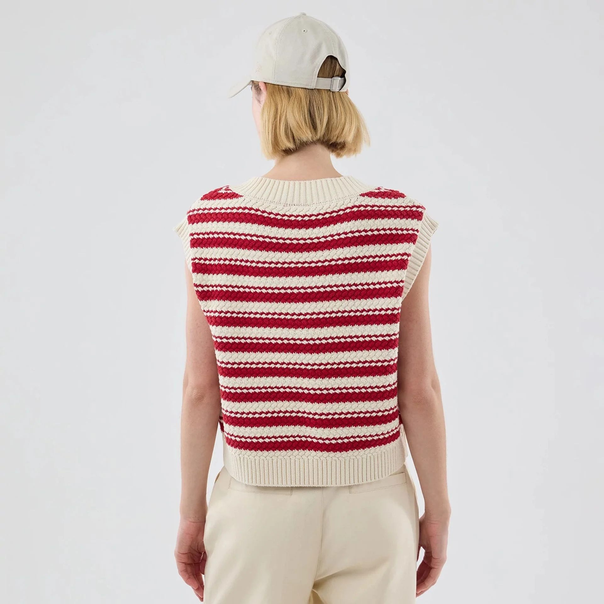 New York Yankees Womens MLB Knit Stripe Dark Red Sleeveless V-neck Sweater - Image 2