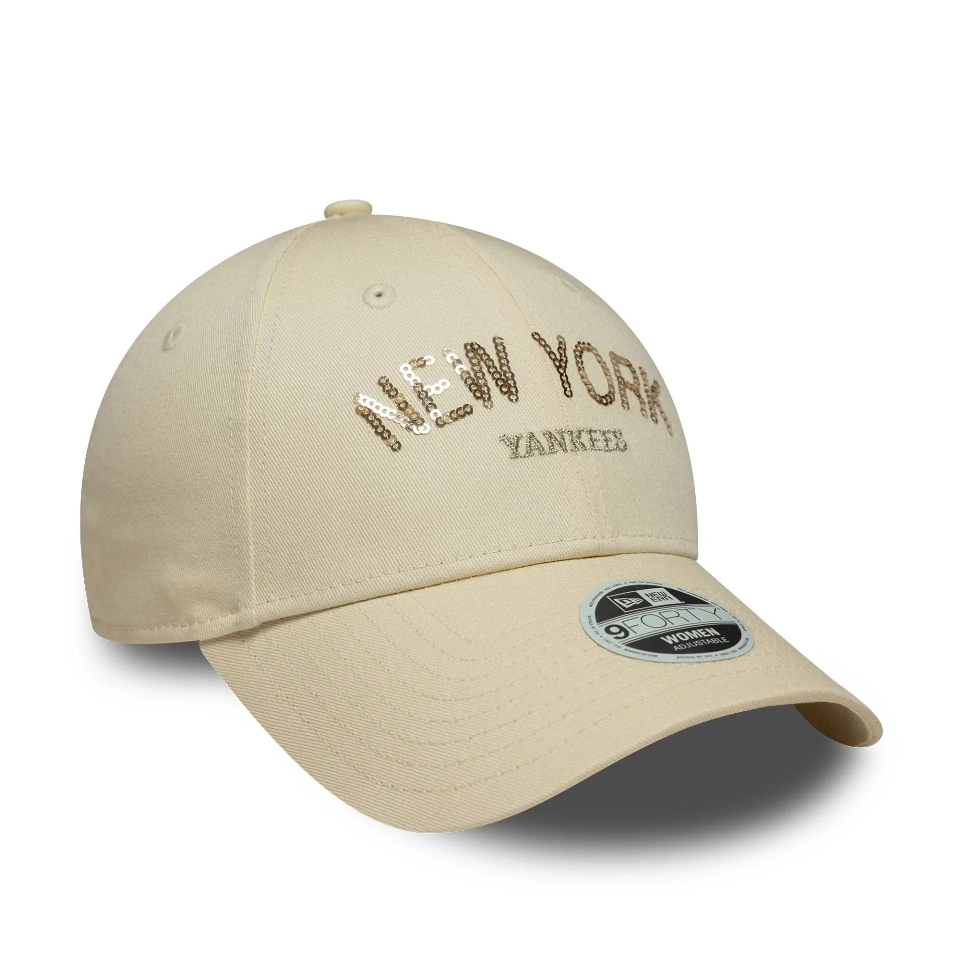 New York Yankees Womens MLB Sequin Wordmark Light Beige 9FORTY Cap - Image 3
