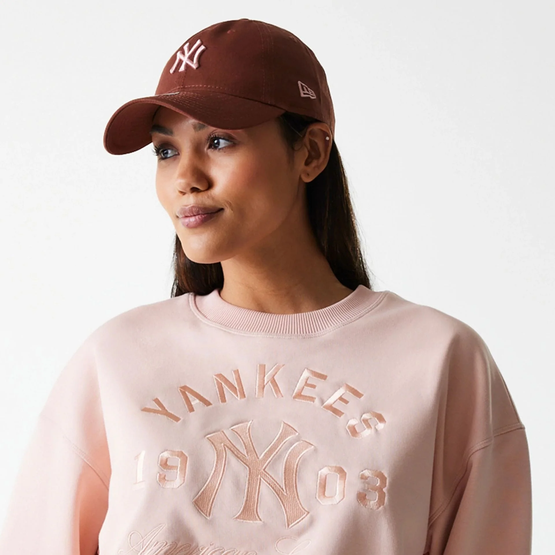 New York Yankees Womens MLB Tonal Graphic Pastel Pink Oversized Crew Neck Sweater - Image 6