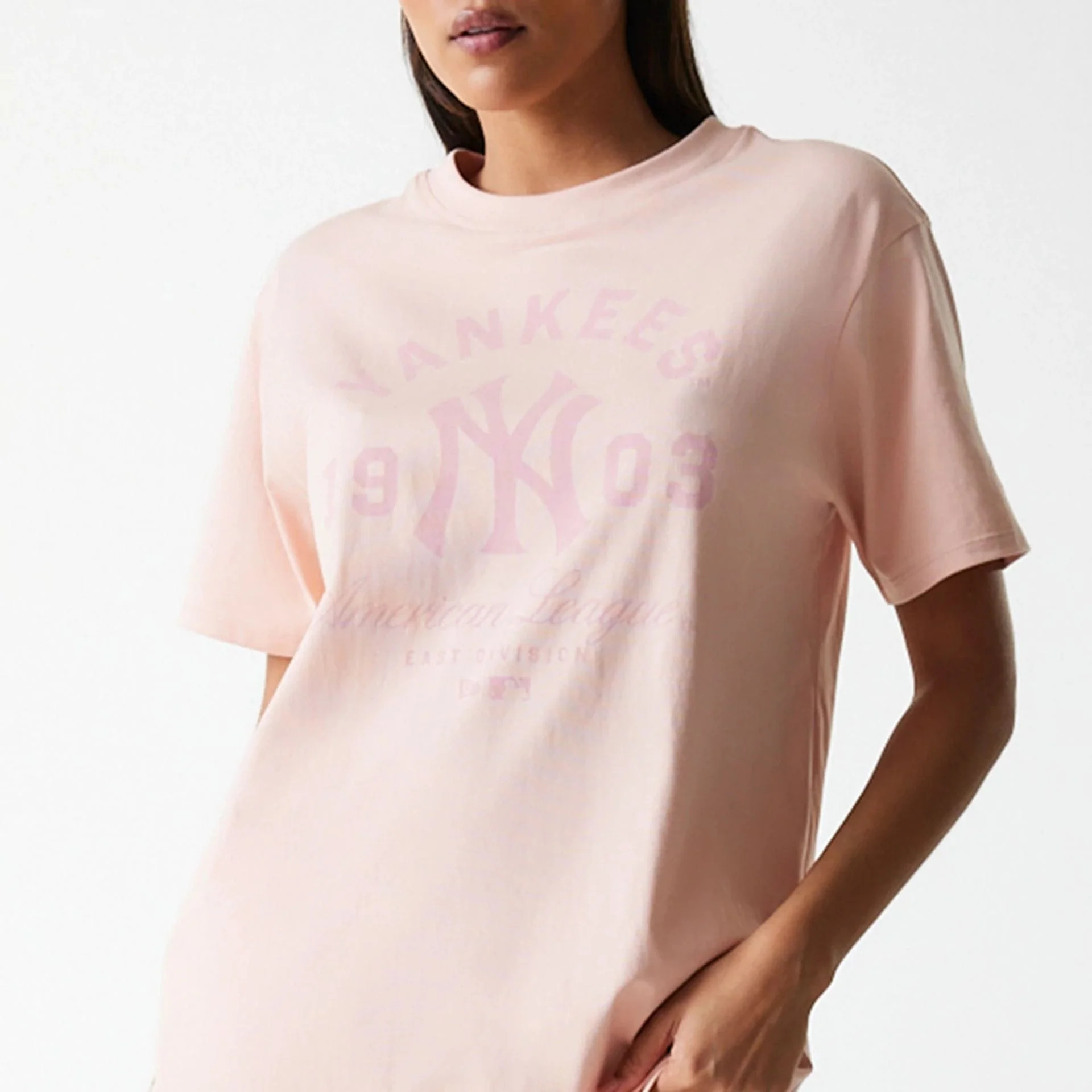 New York Yankees Womens MLB Tonal Graphic Pastel Pink Oversized T-Shirt - Image 6