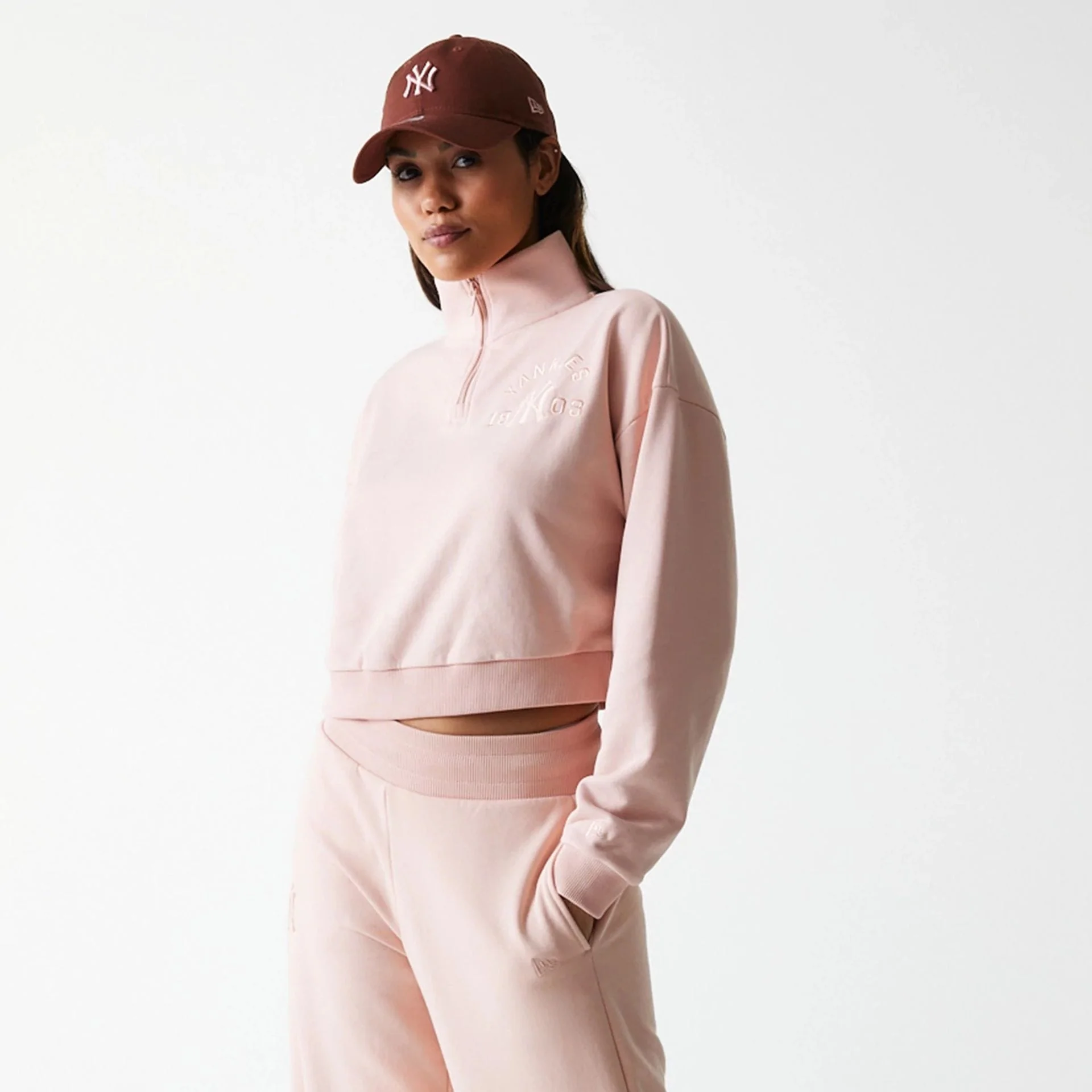 New York Yankees Womens MLB Tonal Pastel Pink Cropped 1/4 Zip Sweater - Image 3