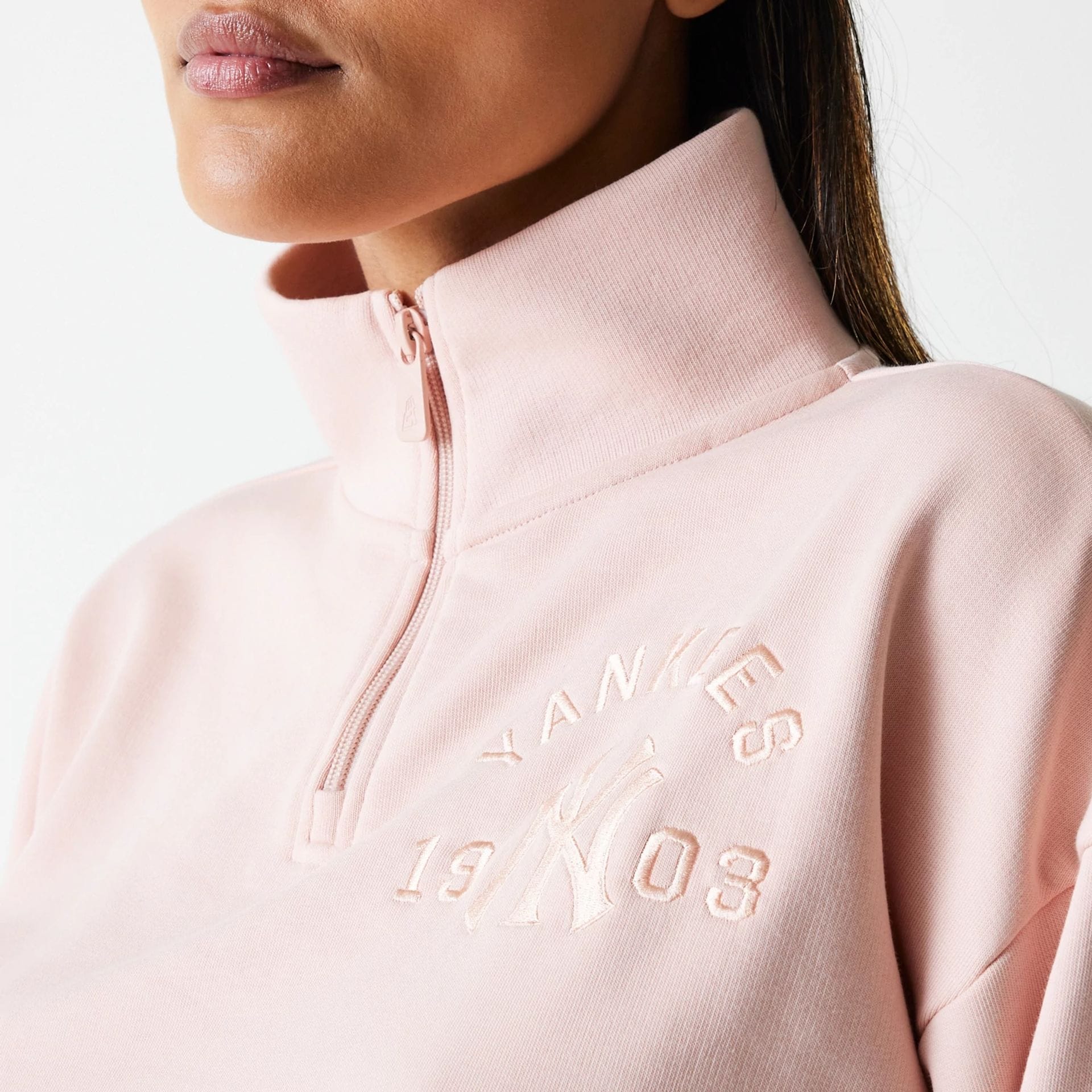 New York Yankees Womens MLB Tonal Pastel Pink Cropped 1/4 Zip Sweater - Image 4
