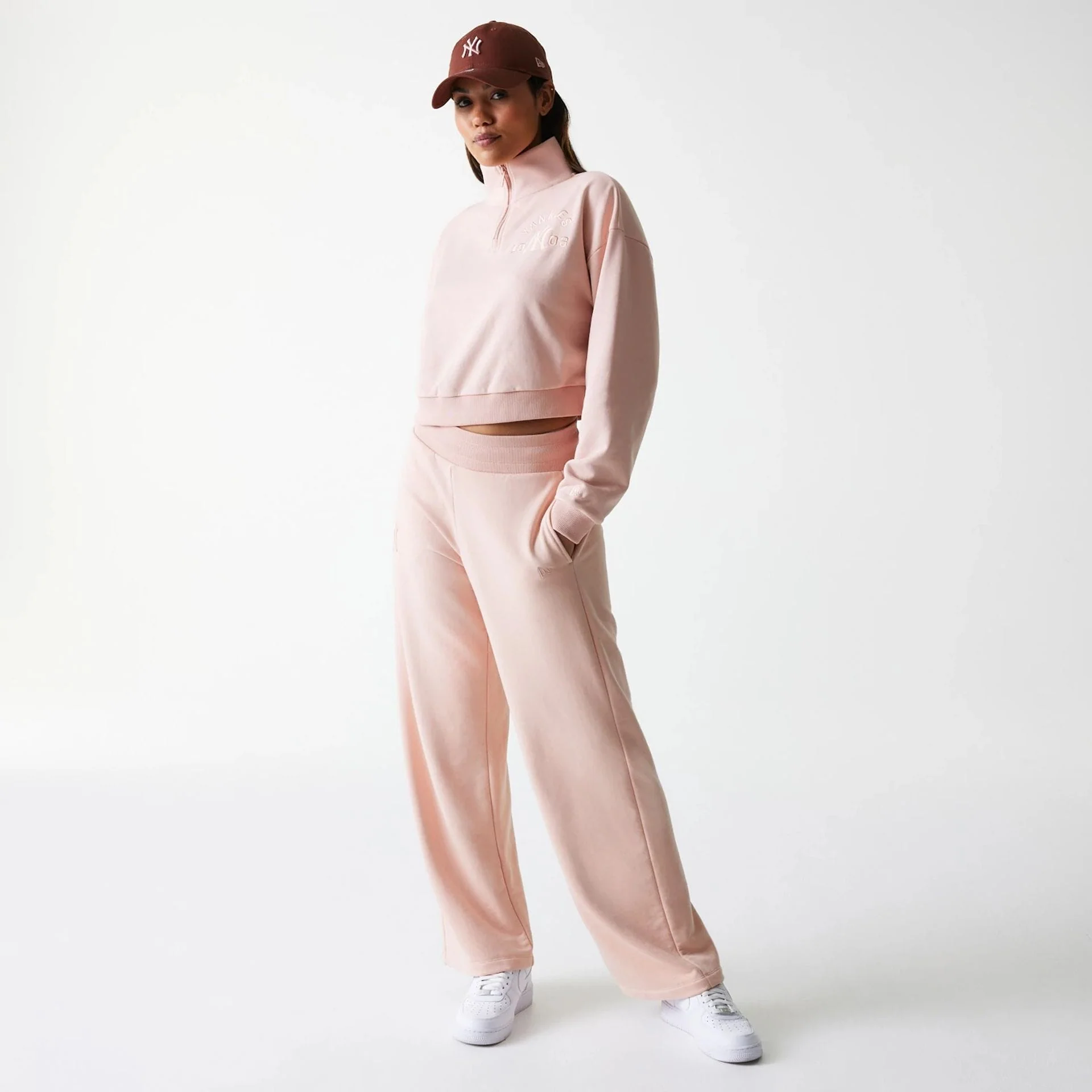 New York Yankees Womens MLB Tonal Pastel Pink Cropped 1/4 Zip Sweater - Image 8