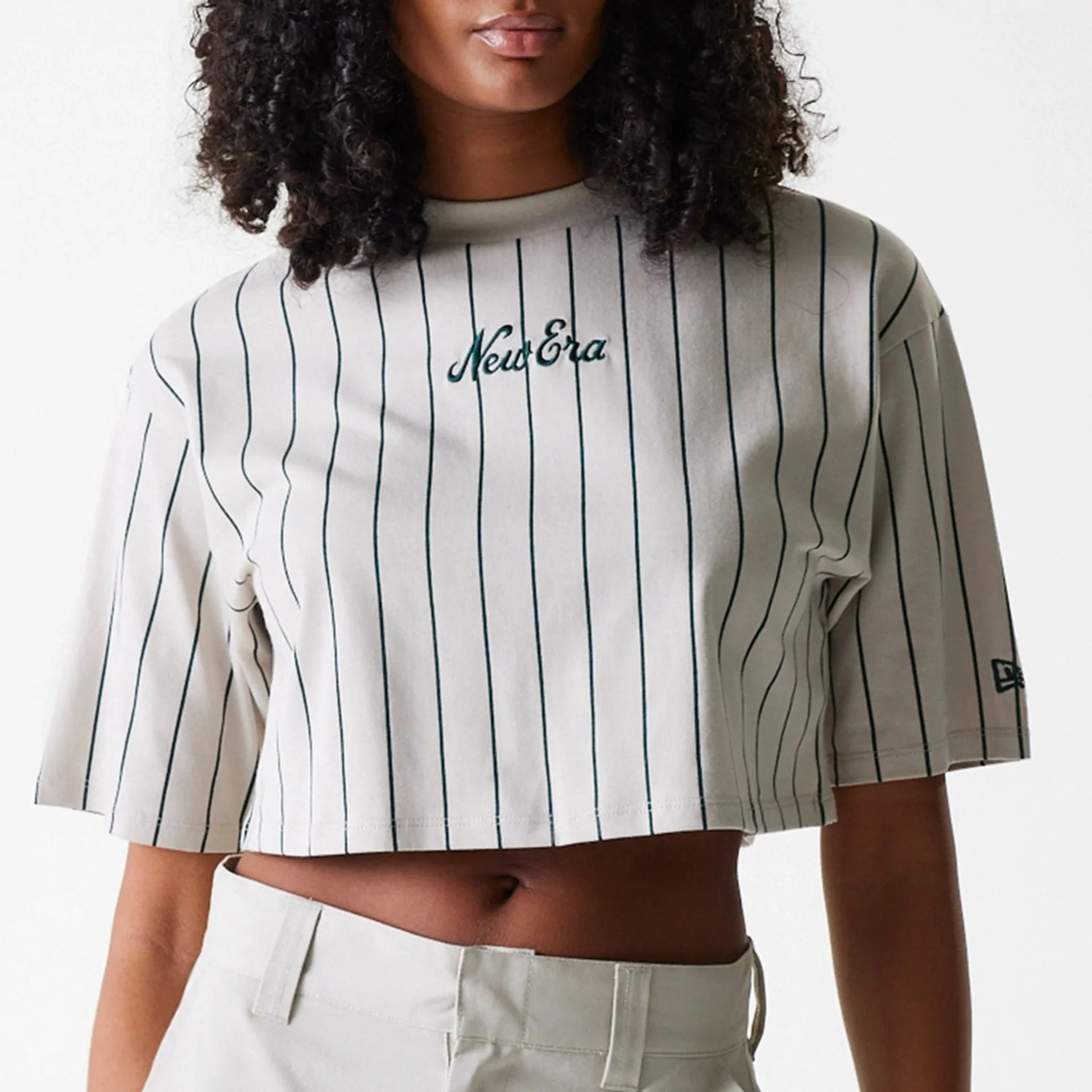 Womens New Era Pinstripe Light Beige Crop T-Shirt - Image 3