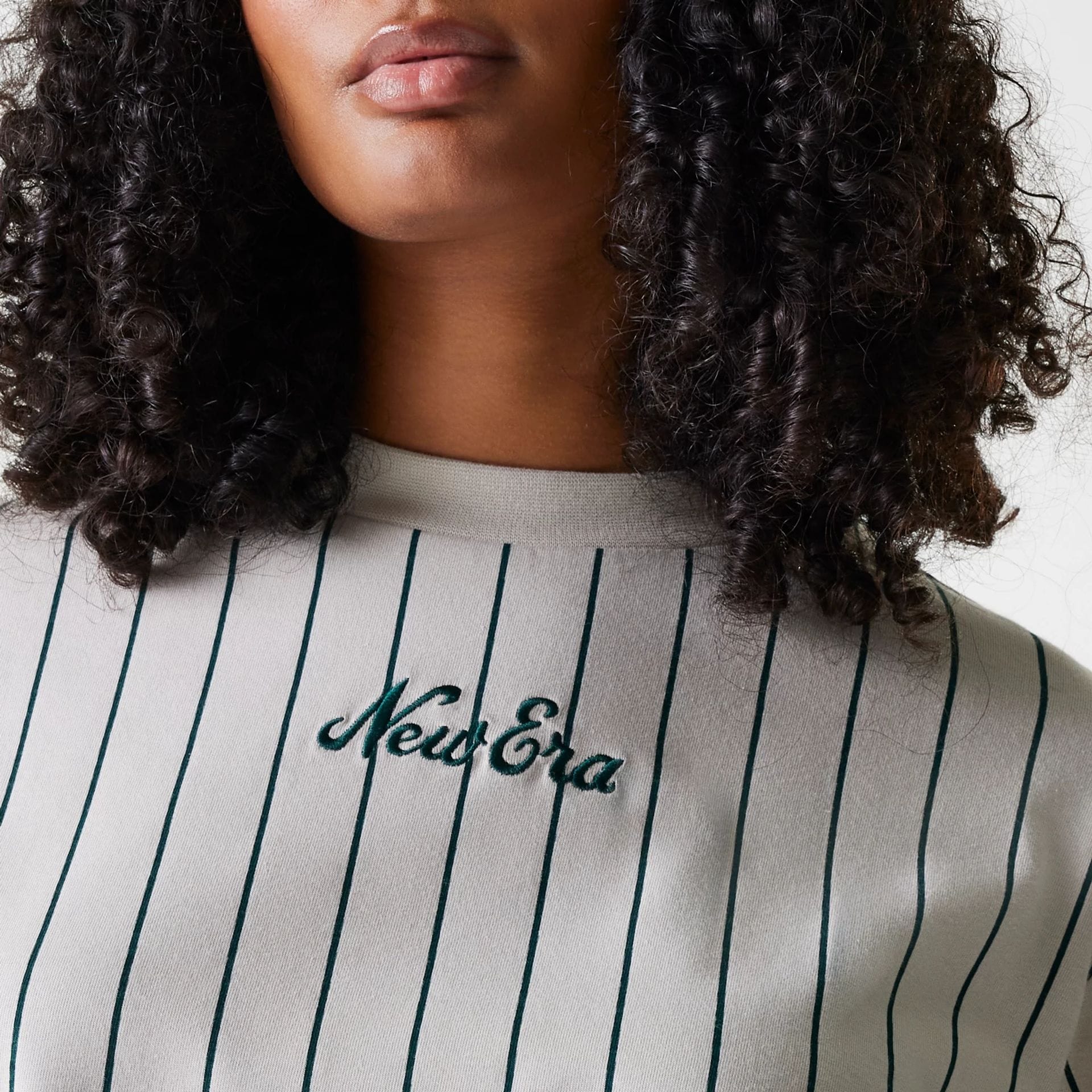 Womens New Era Pinstripe Light Beige Crop T-Shirt - Image 4