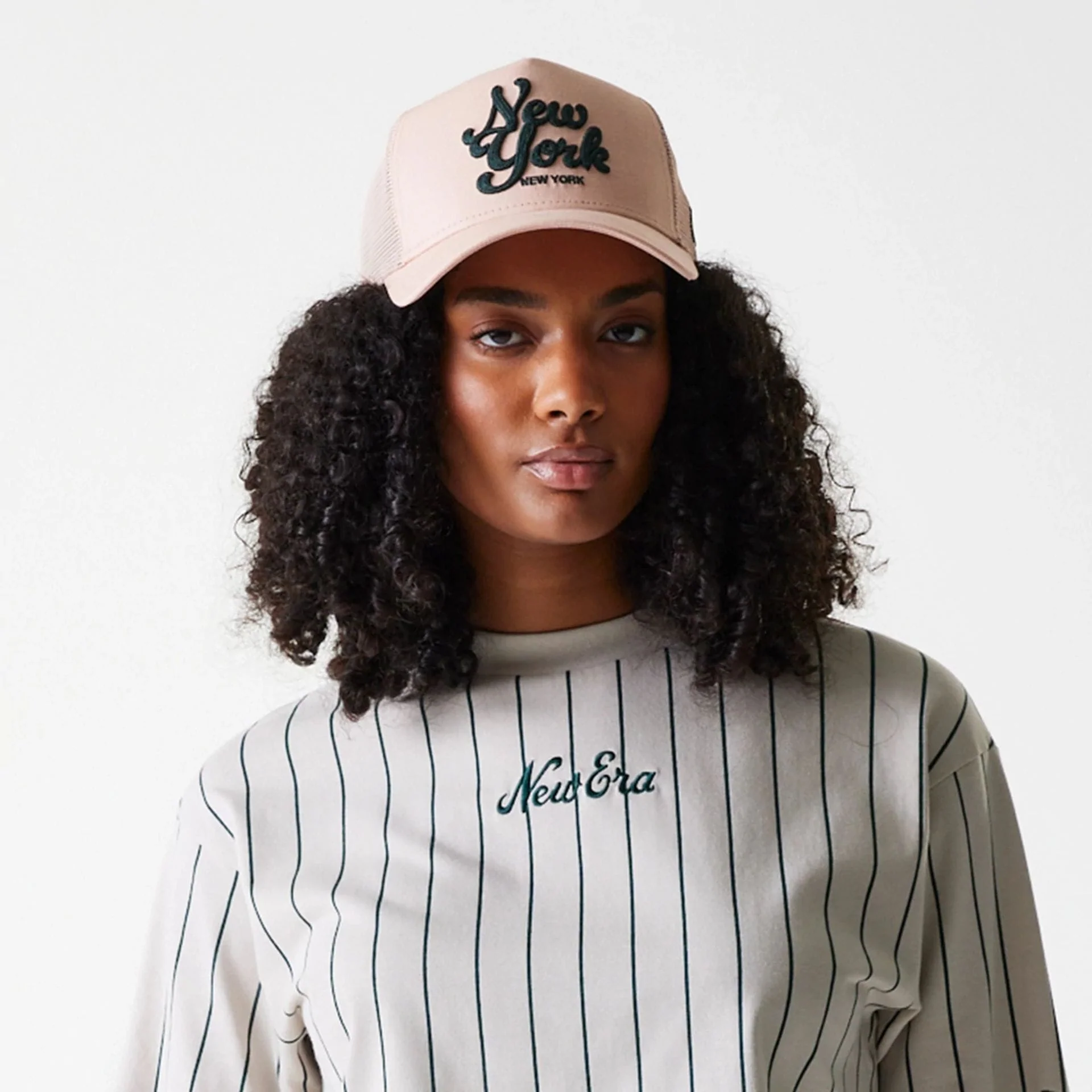 Womens New Era Pinstripe Light Beige Crop T-Shirt - Image 5