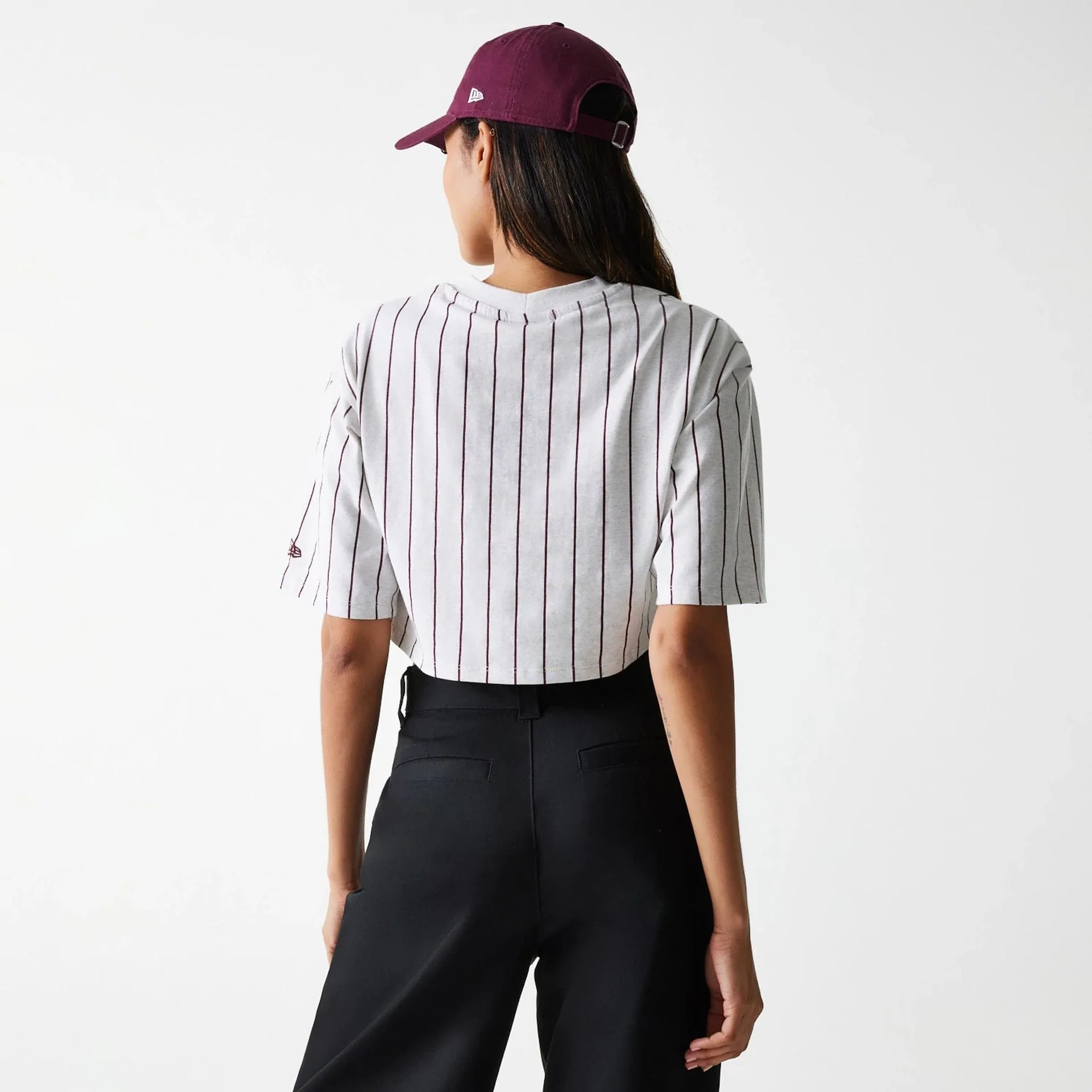 Womens New Era Pinstripe Pastel Grey Crop T-Shirt - Image 2