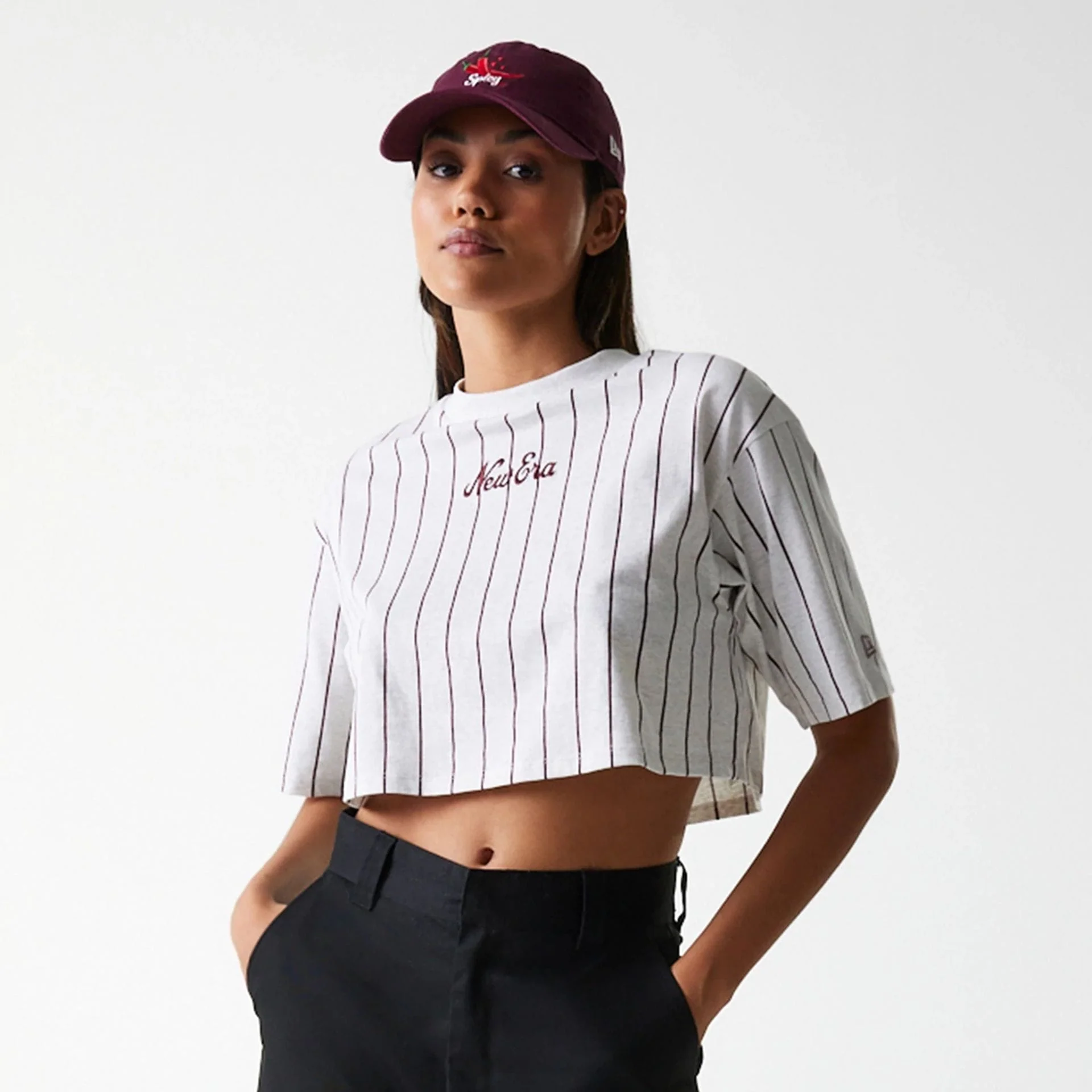 Womens New Era Pinstripe Pastel Grey Crop T-Shirt - Image 5