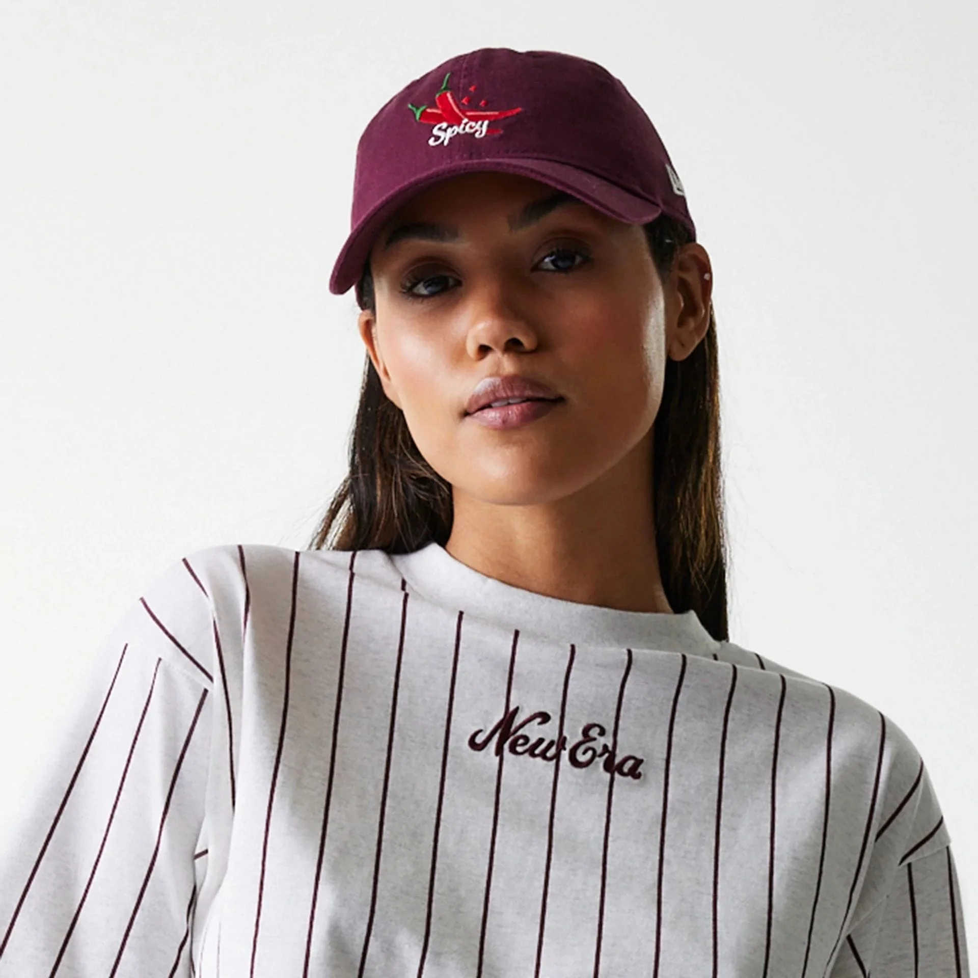 Womens New Era Pinstripe Pastel Grey Crop T-Shirt - Image 6