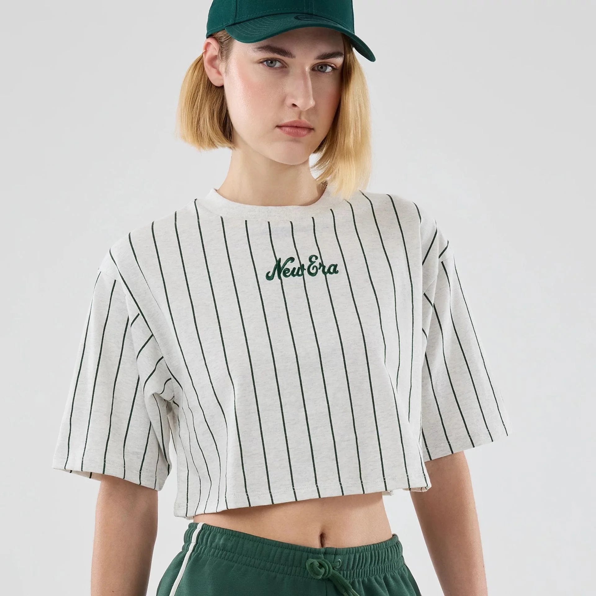 Womens New Era Pinstripe Pastel Grey Cropped T-shirt - Image 3